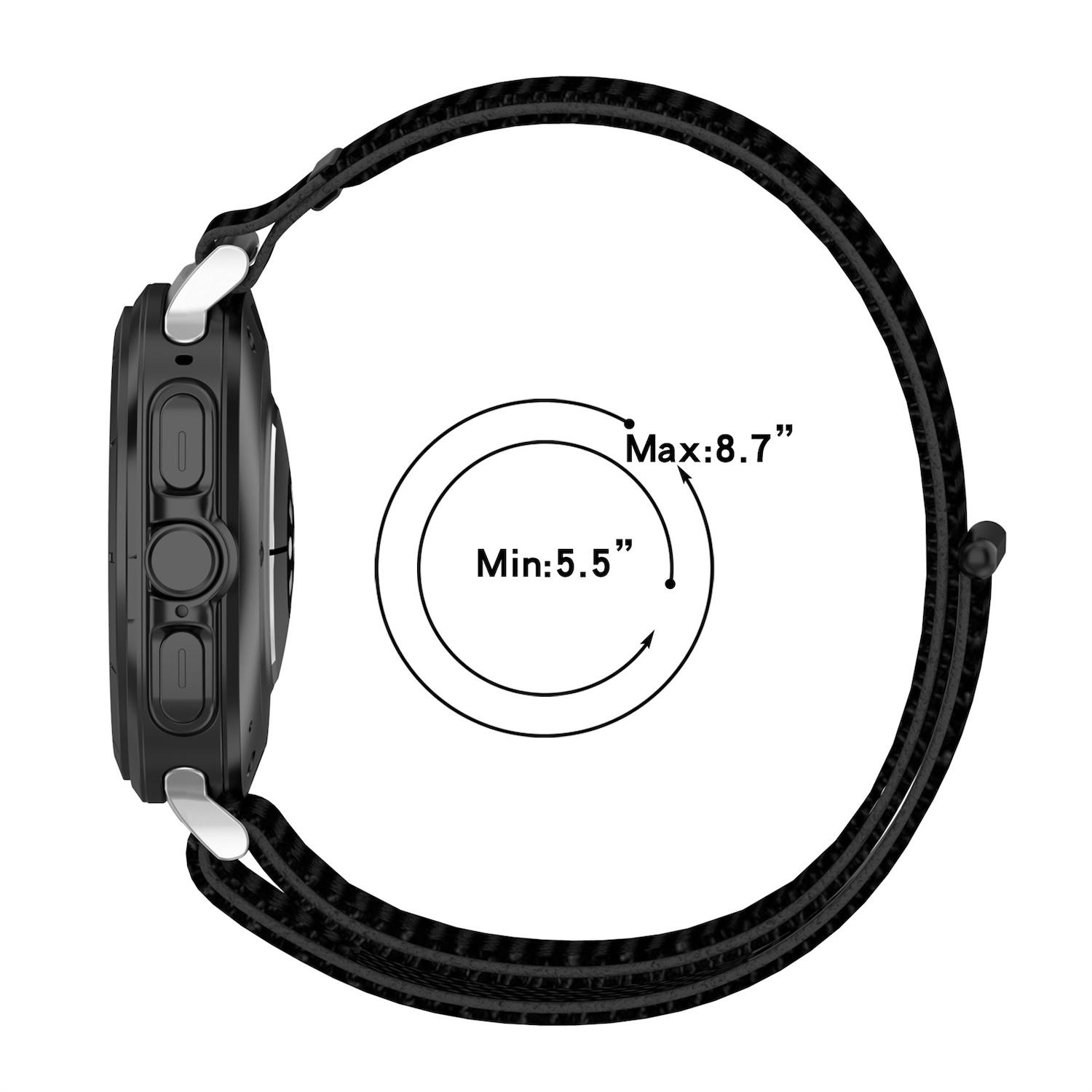 Schwarze Smartwatch mit einem schwarz-weiß gestreiften Stoffband, Größenbereich angegeben, weißer Hintergrund.