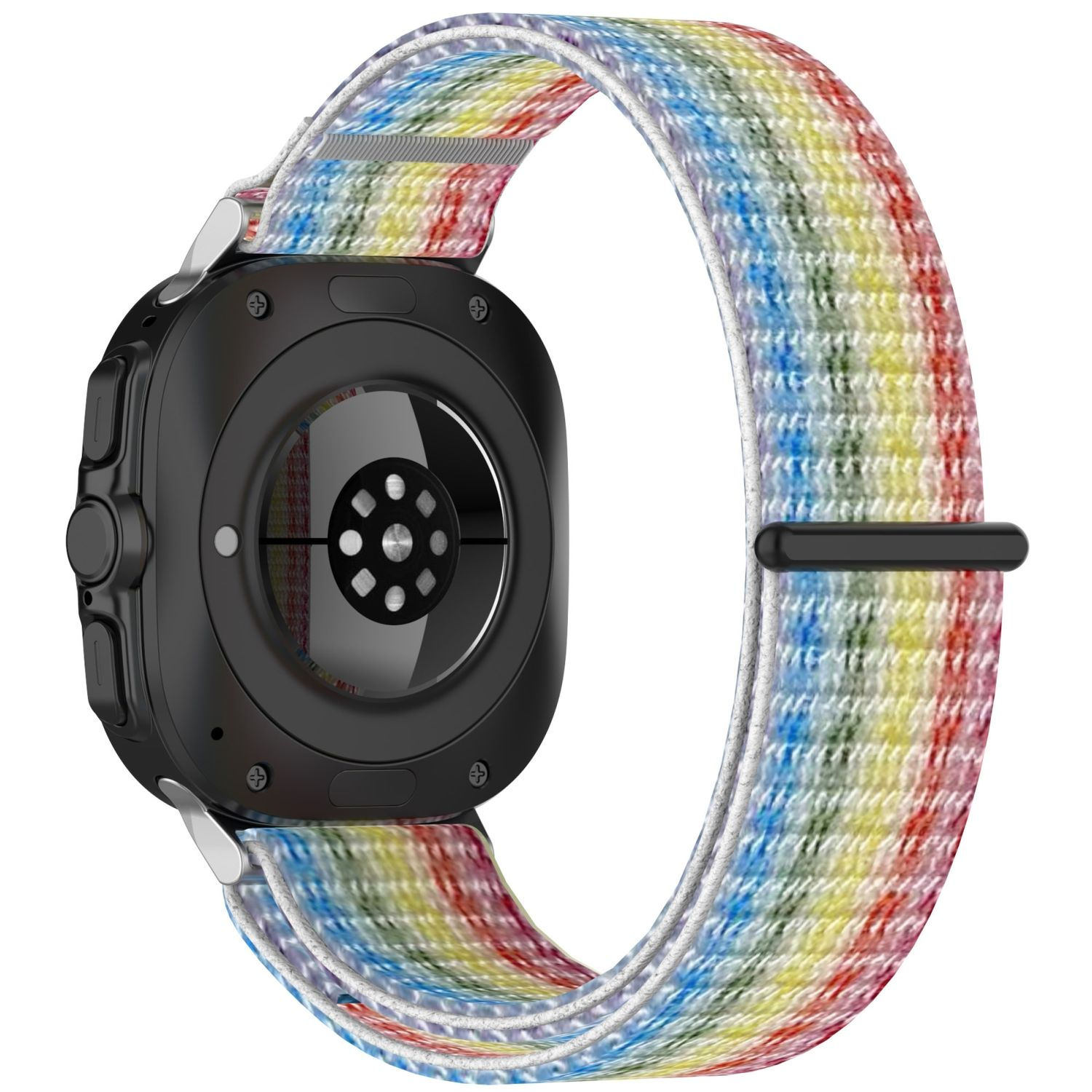 Schwarze Smartwatch mit buntem Regenbogenmuster-Armband. Die Uhr ist auf weißem Hintergrund.