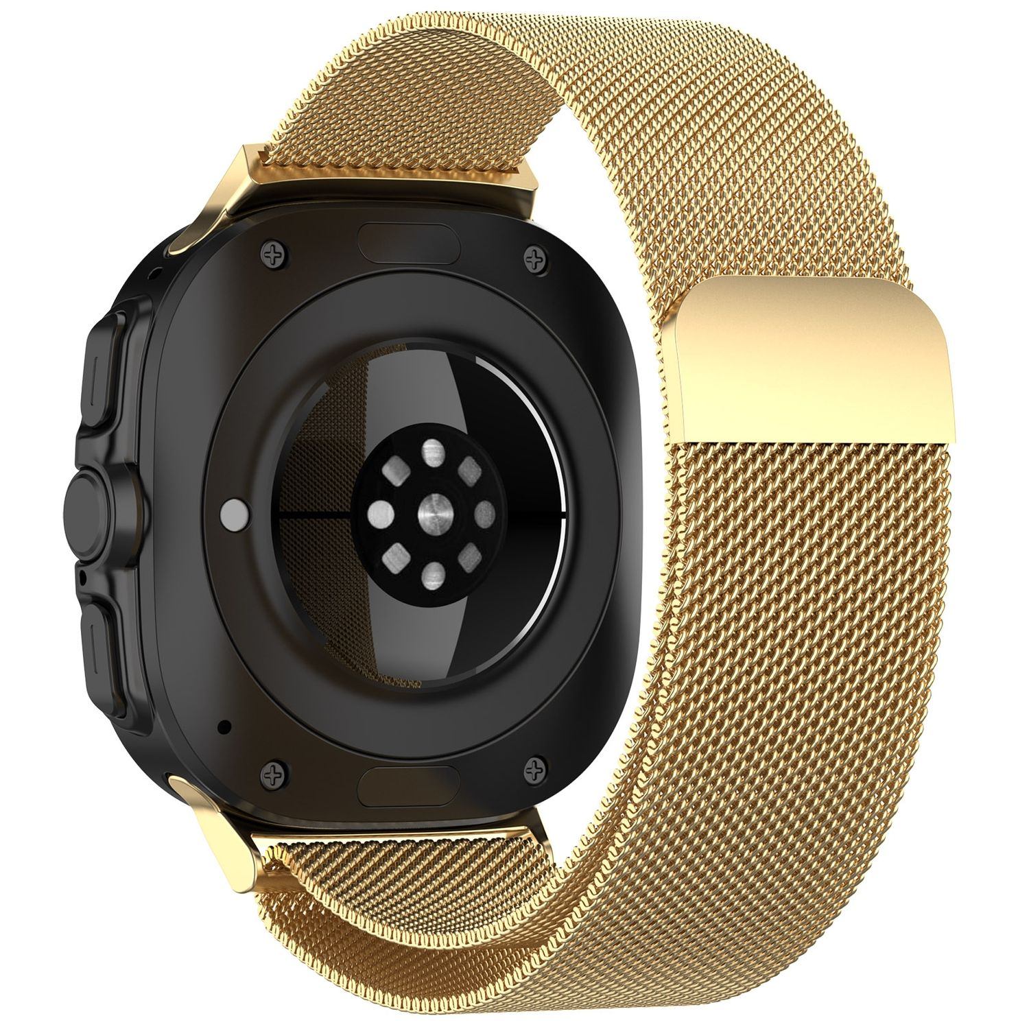 Schwarze Smartwatch mit goldenem Mesh-Armband. Die Rückseite zeigt Sensoren und eine schwarze Oberfläche.