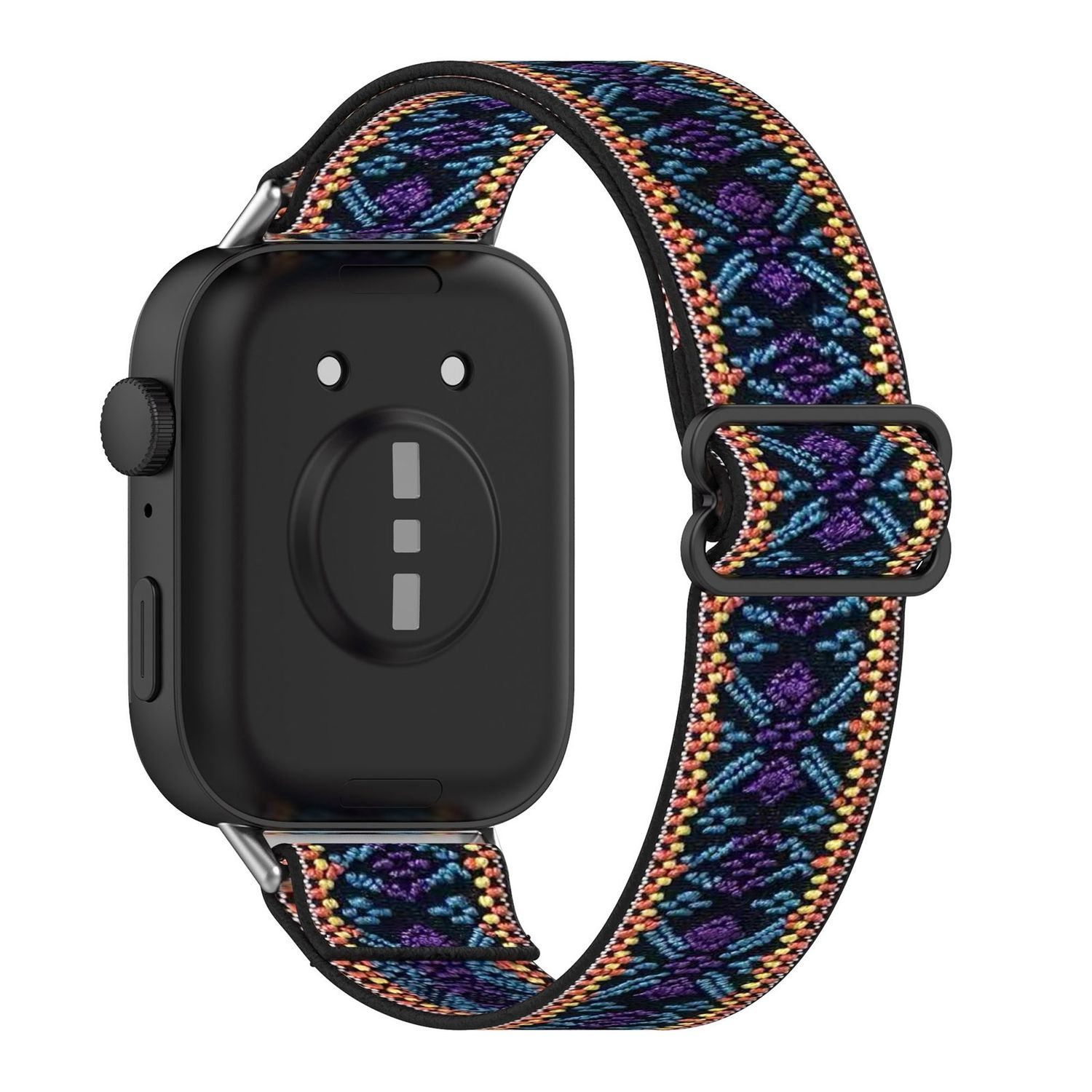 Schwarze Smartwatch mit bunt gemustertem Armband. Die Uhr ist auf weißem Hintergrund.