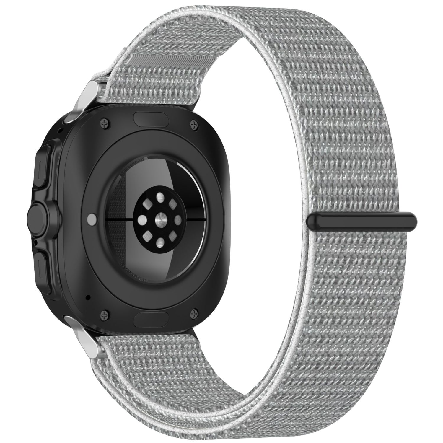 Smartwatch-Rückseite mit grauem Armband, zeigt Sensor und Ladepunkte.