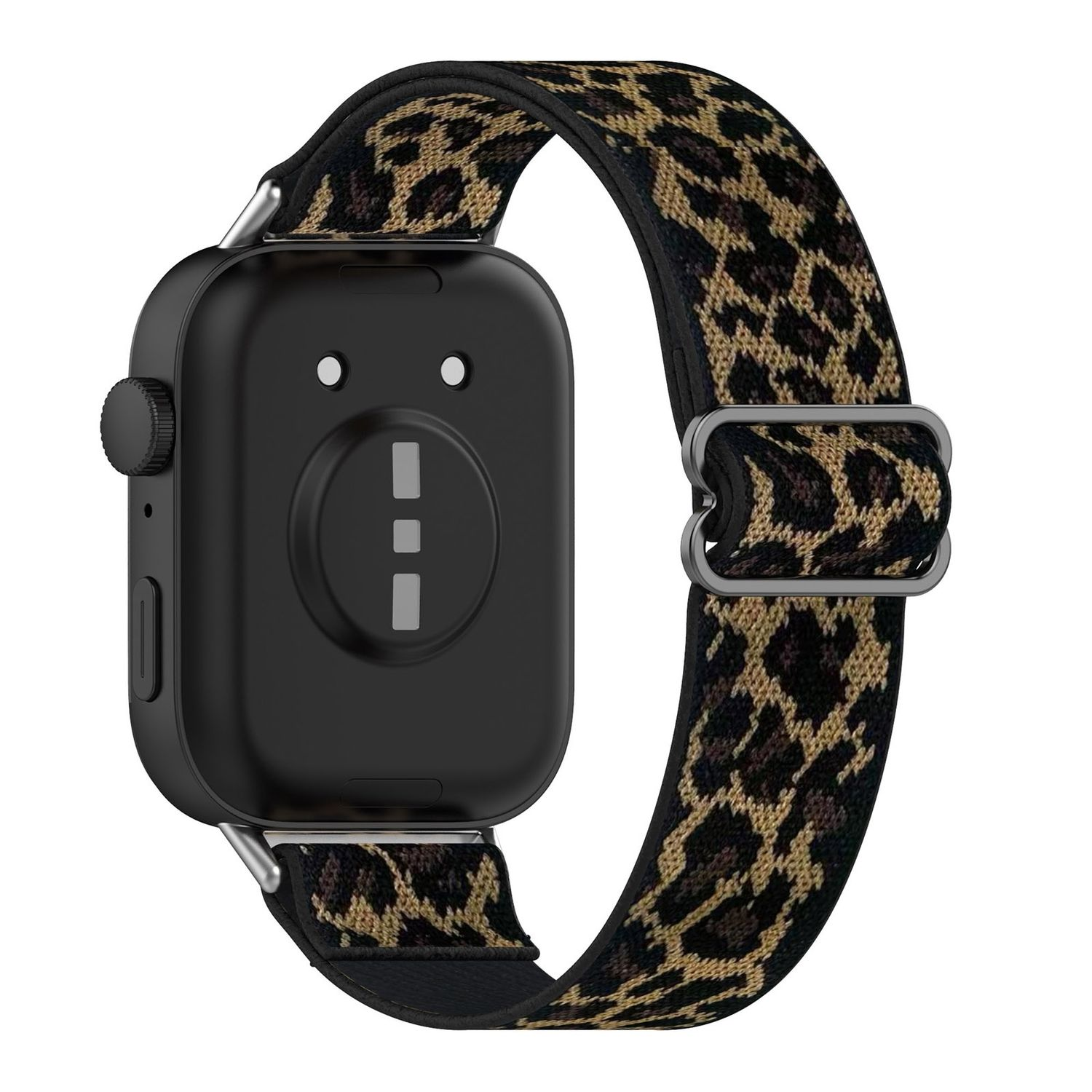 Schwarze Smartwatch mit Leopardenmuster-Armband und Metallschnalle.