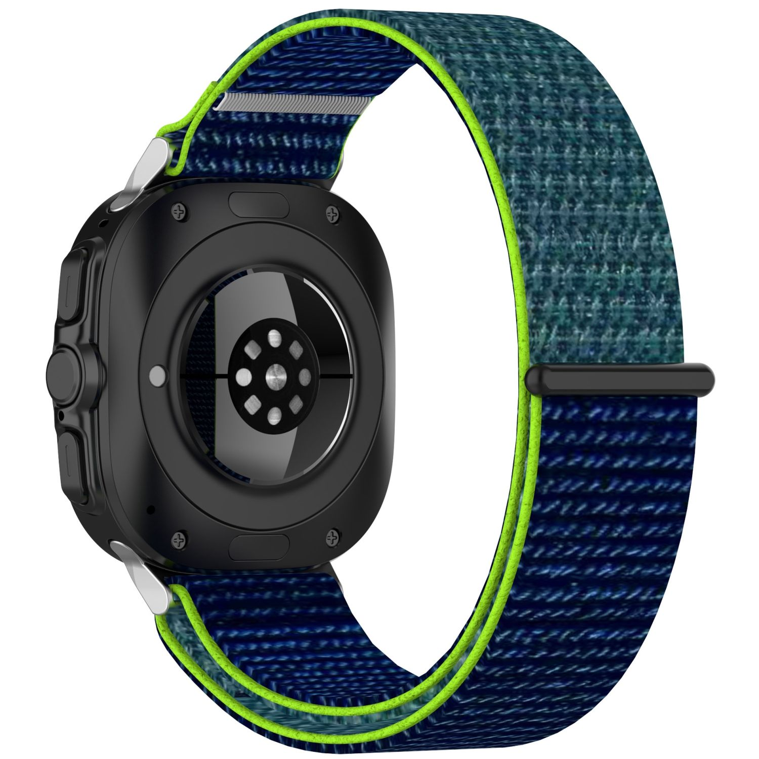 Eine Smartwatch mit blau-grünem Armband, an der Rückseite der Uhr befestigt.