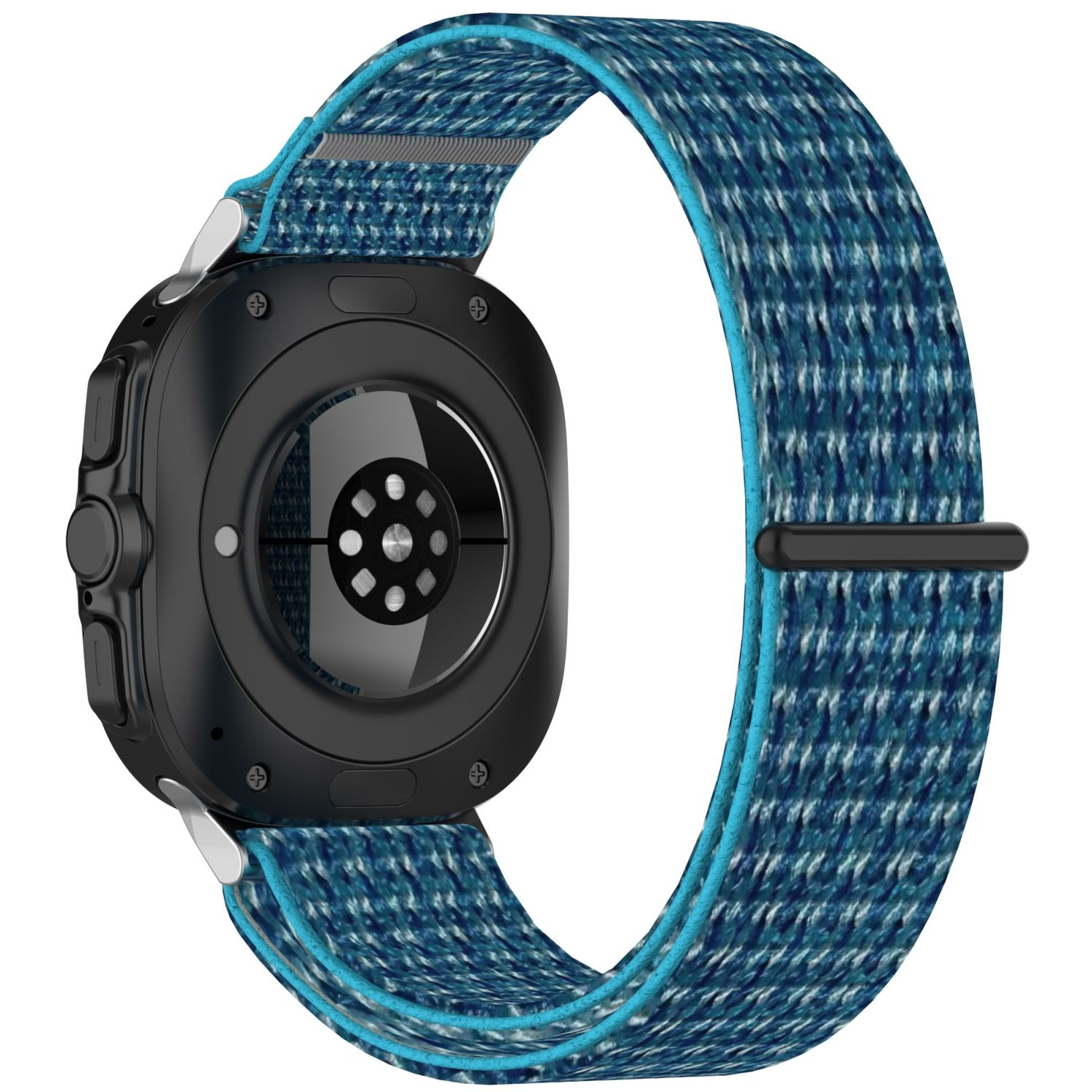 Schwarze Smartwatch mit blauem Denim-Armband, zeigt die Unterseite der Uhr.