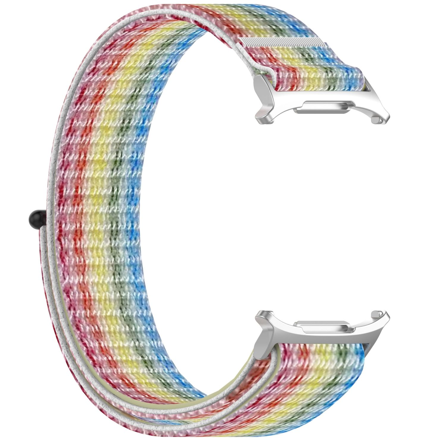 Regenbogenfarbenes Uhrenarmband mit silbernen Verschlüssen, vor weißem Hintergrund.