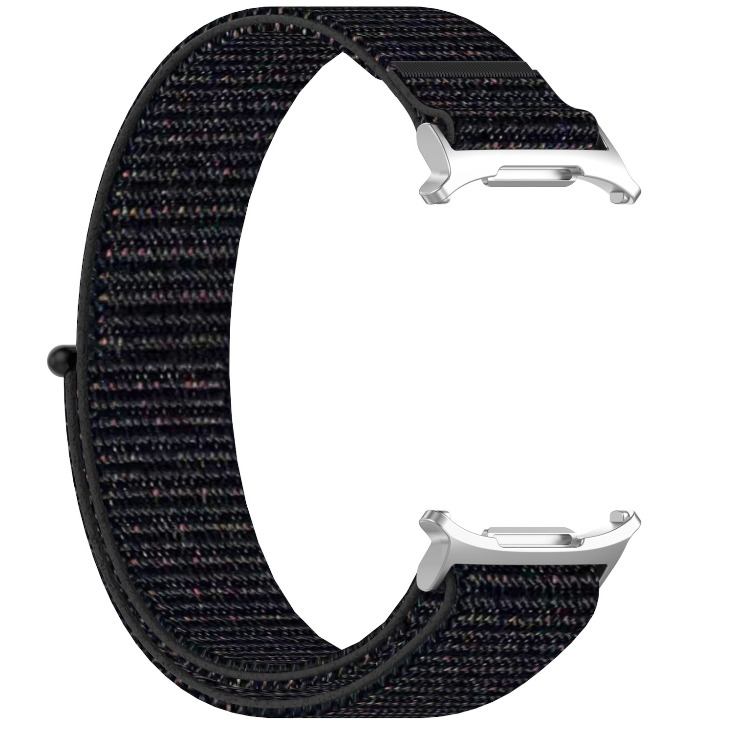 Schwarzes und graues Uhrenarmband mit silbernen Verschlüssen auf weißem Hintergrund.