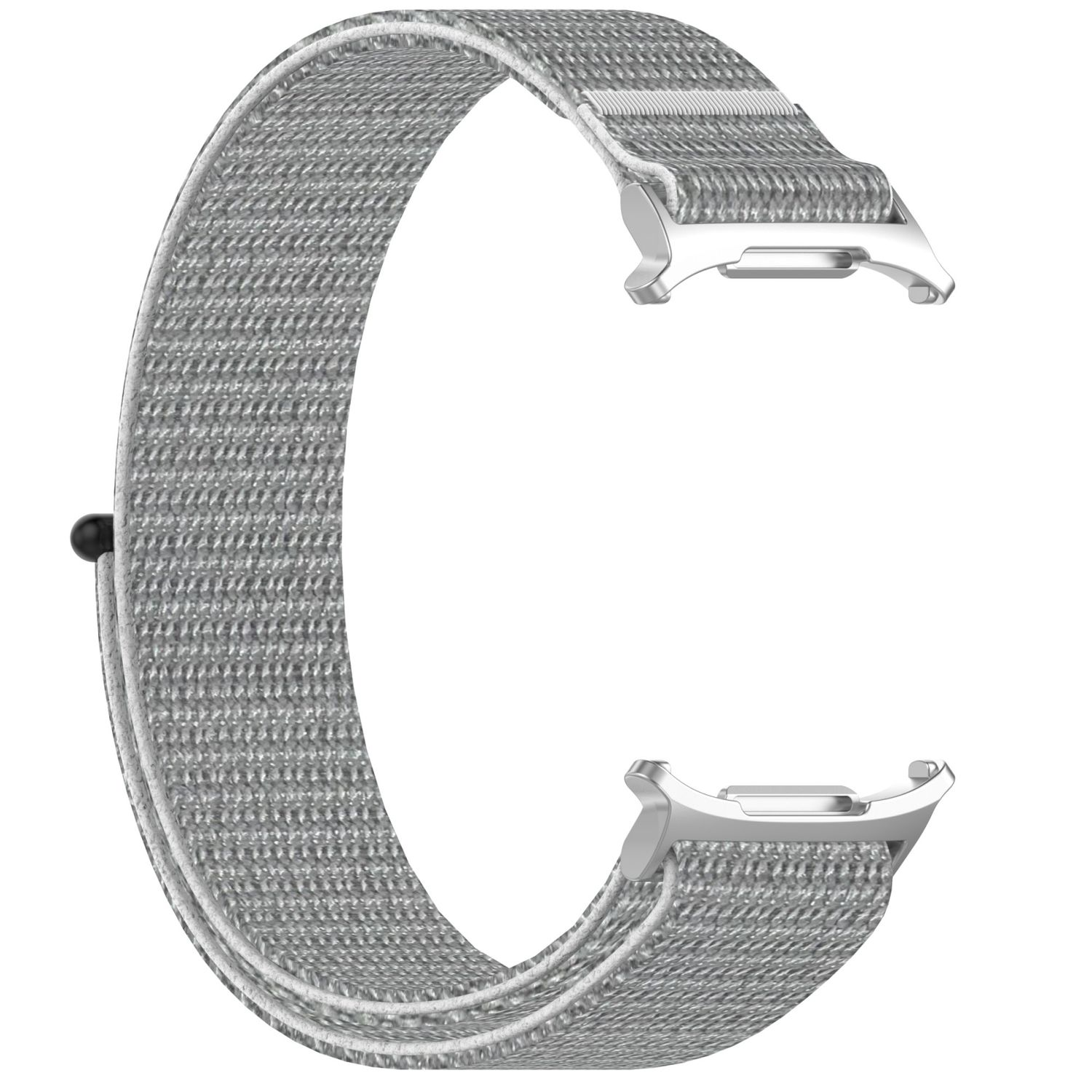 Ein hellgraues Uhrenarmband. Es besteht aus einem Stoffgeflecht und hat einen Verschluss.