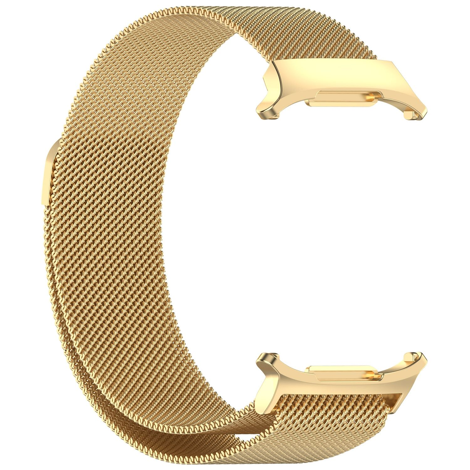 Goldenes Mesh-Uhrenarmband. Das Band hat eine kreisförmige Form und goldene Anschlüsse an beiden Enden.