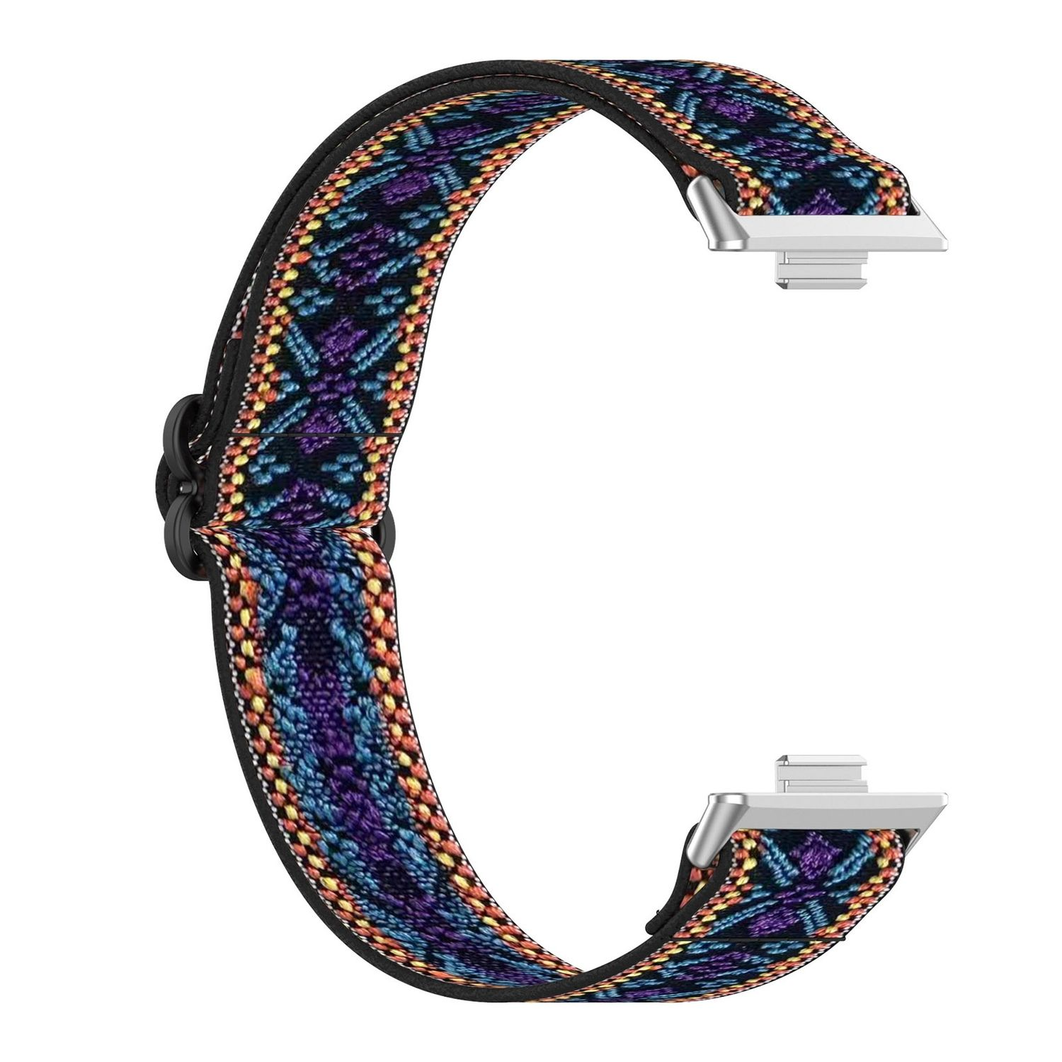 Uhrenarmband mit bunt gemustertem Stoff, schwarzen Kanten und silbernen Verschlüssen.
