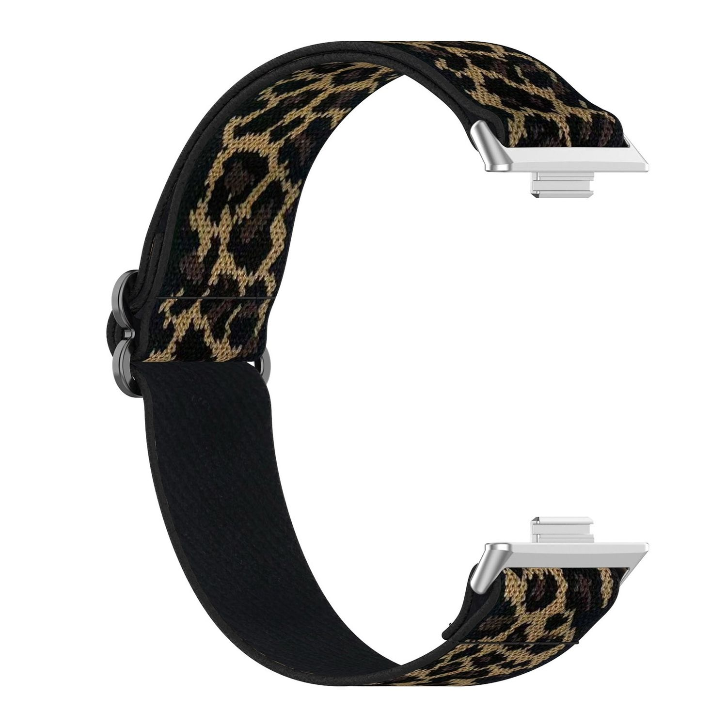Armband mit Leopardenmuster und silbernen Verschlüssen. Das Armband ist C-förmig gebogen.