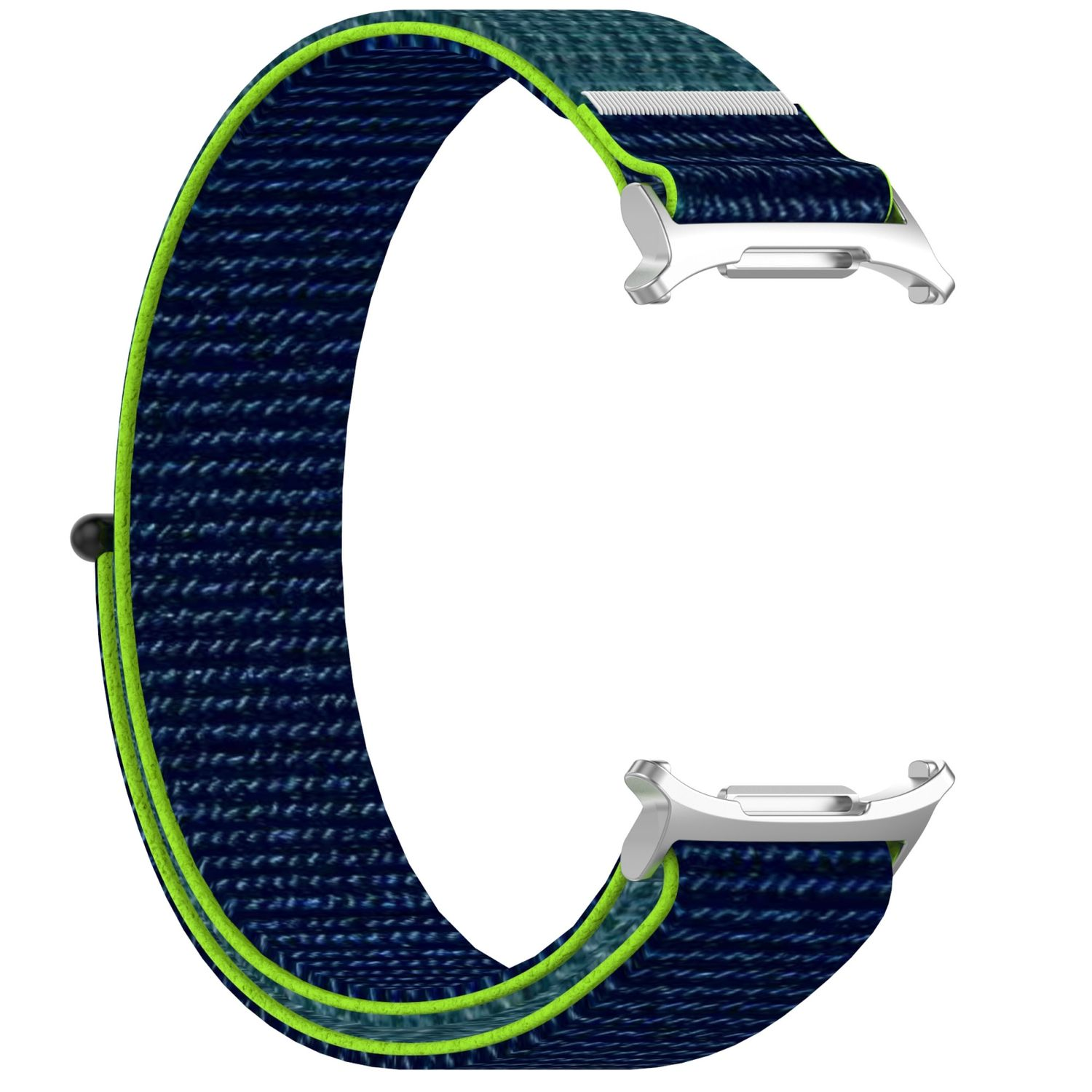 Blaues Uhrenarmband mit grünen Ziernähten und silberfarbenen Beschlägen.