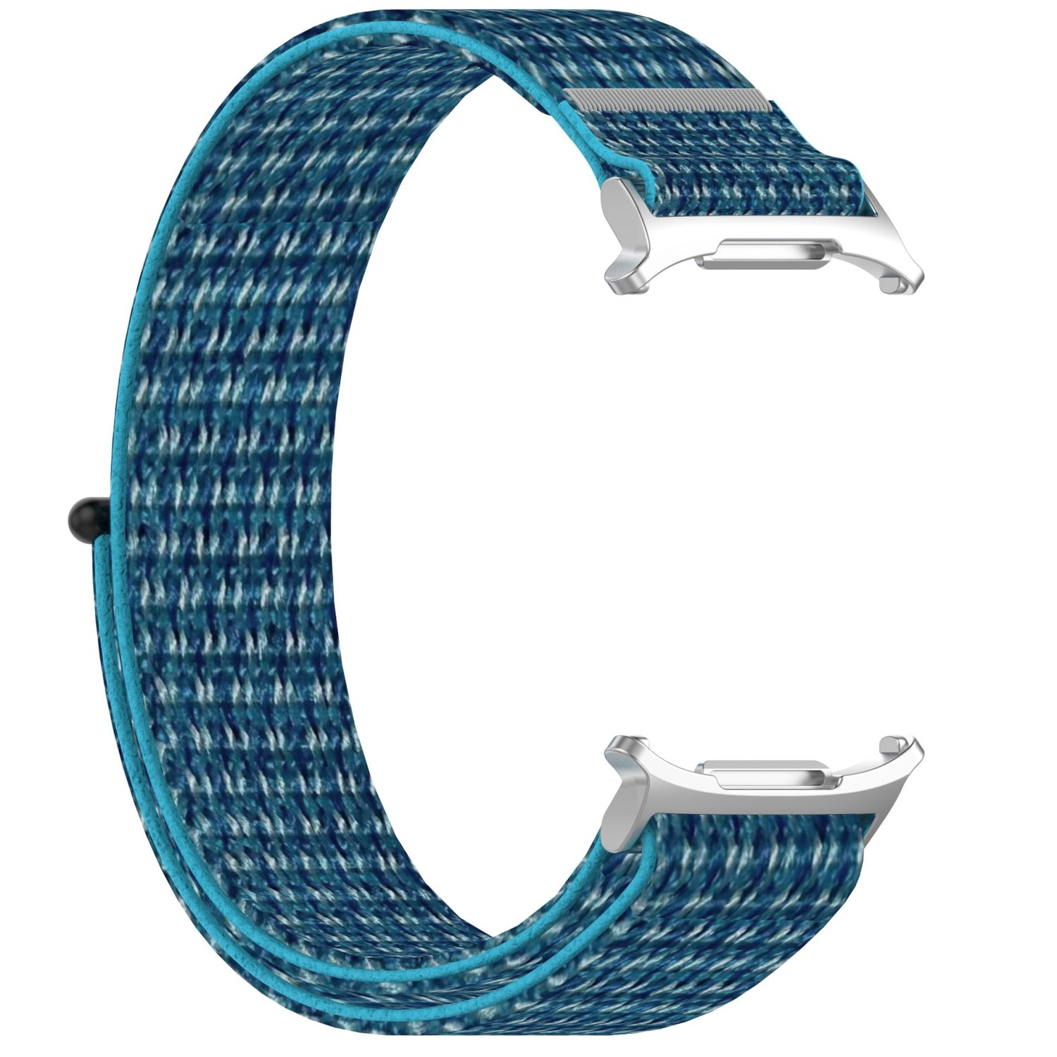 Blau-weiß gestreiftes Uhrenarmband mit silbernen Verschlüssen. Schwarzer Stegstift.