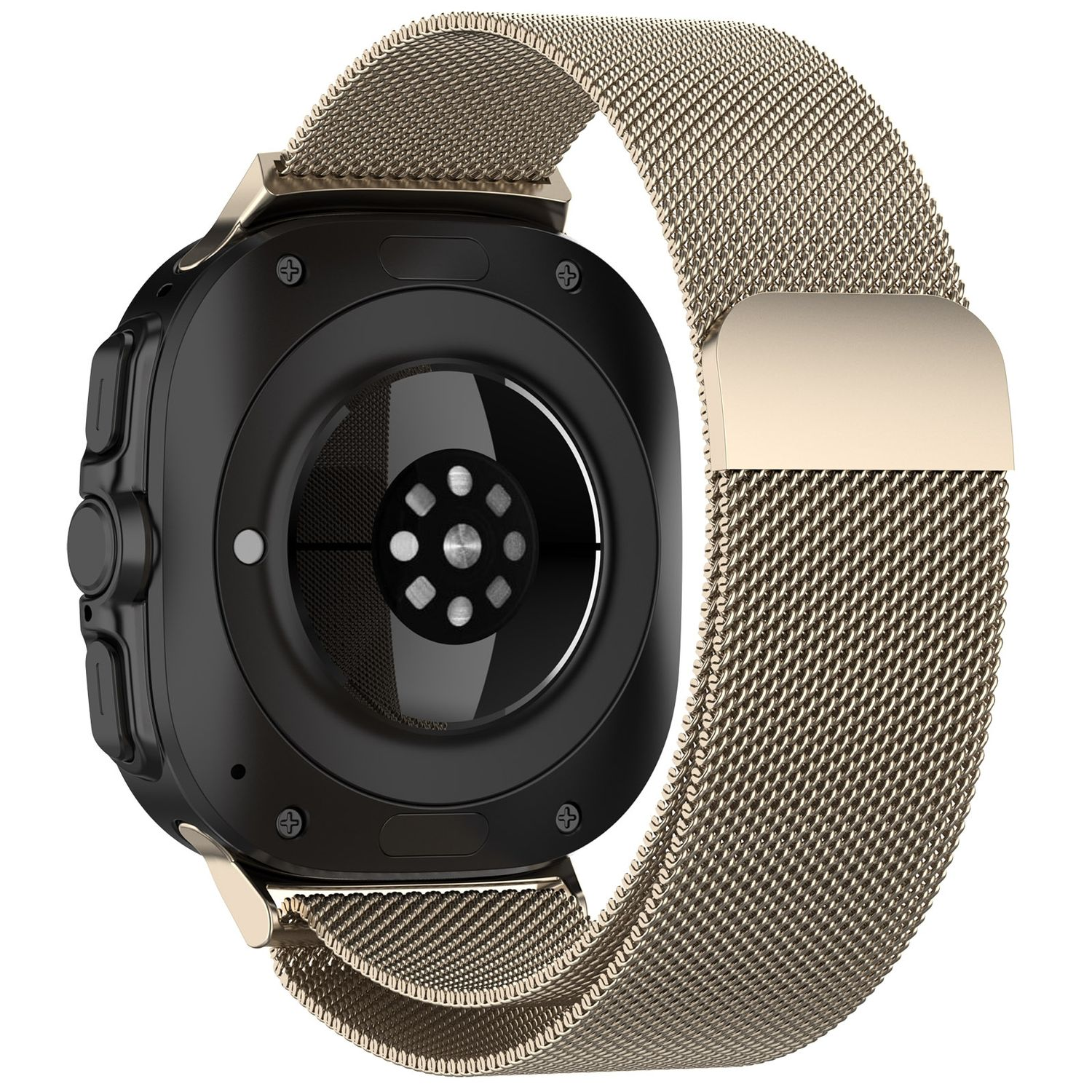 Schwarze Smartwatch mit goldenem Mesh-Armband, zeigt die Rückseite mit Sensoren.