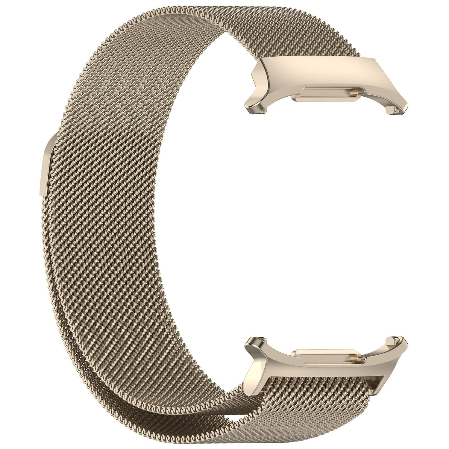Goldenes Uhrenarmband. Metallgeflecht-Design. Zwei Anschlüsse an den Enden. Helles Gold.