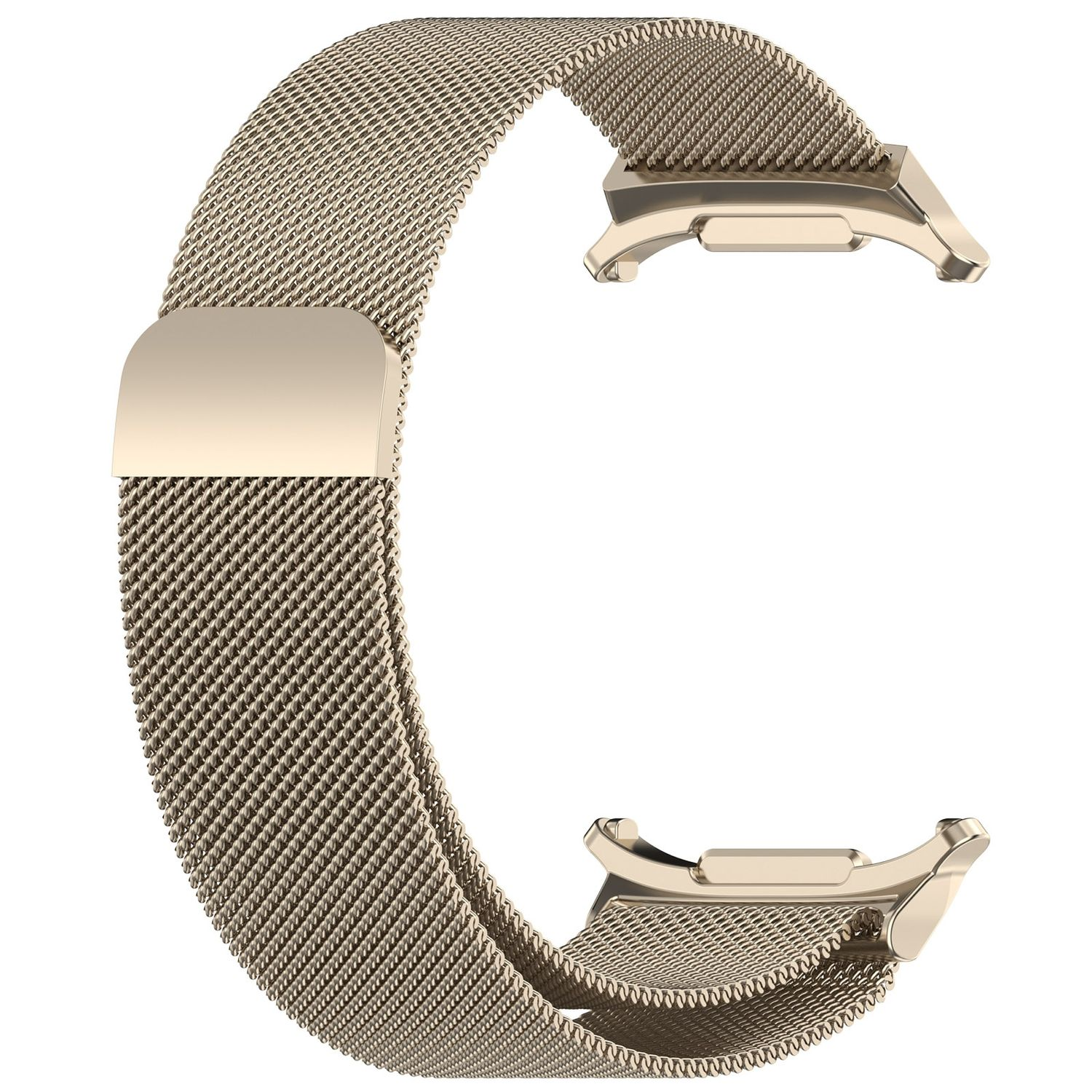 Goldenes Mesh-Uhrenarmband, gebogen, mit Verschluss, auf weißem Hintergrund.