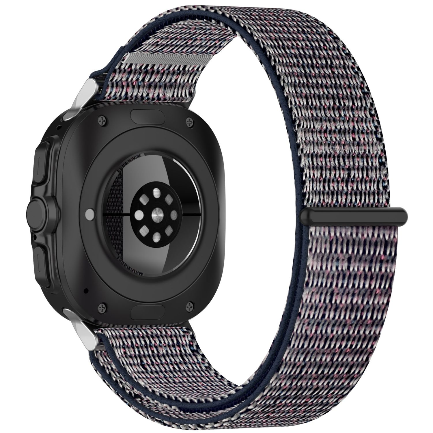 Eine schwarze Smartwatch mit gemustertem Stoffband.