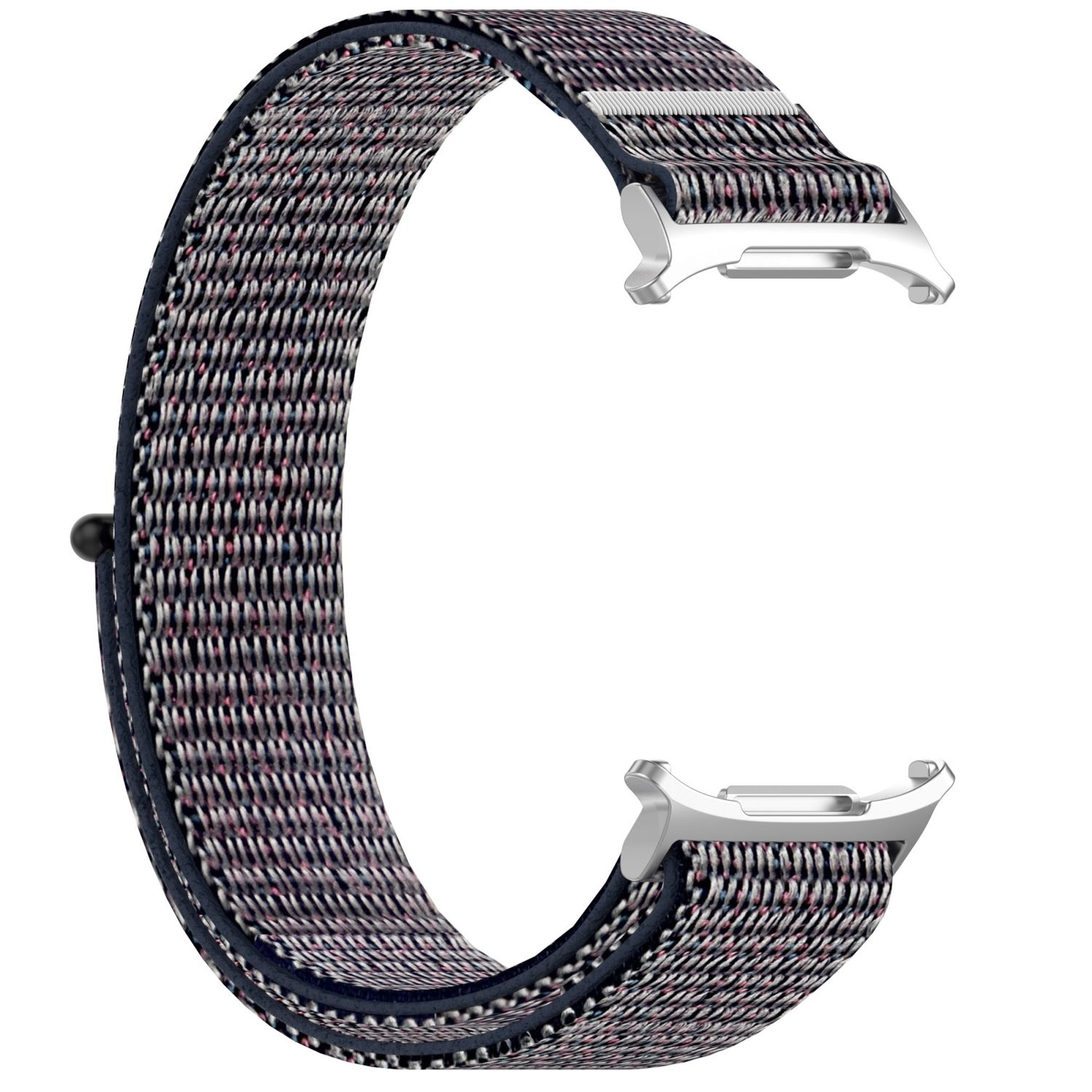 Schwarzes und pinkfarbenes Uhrenarmband, gebogene Form mit silbernen Anschlüssen.