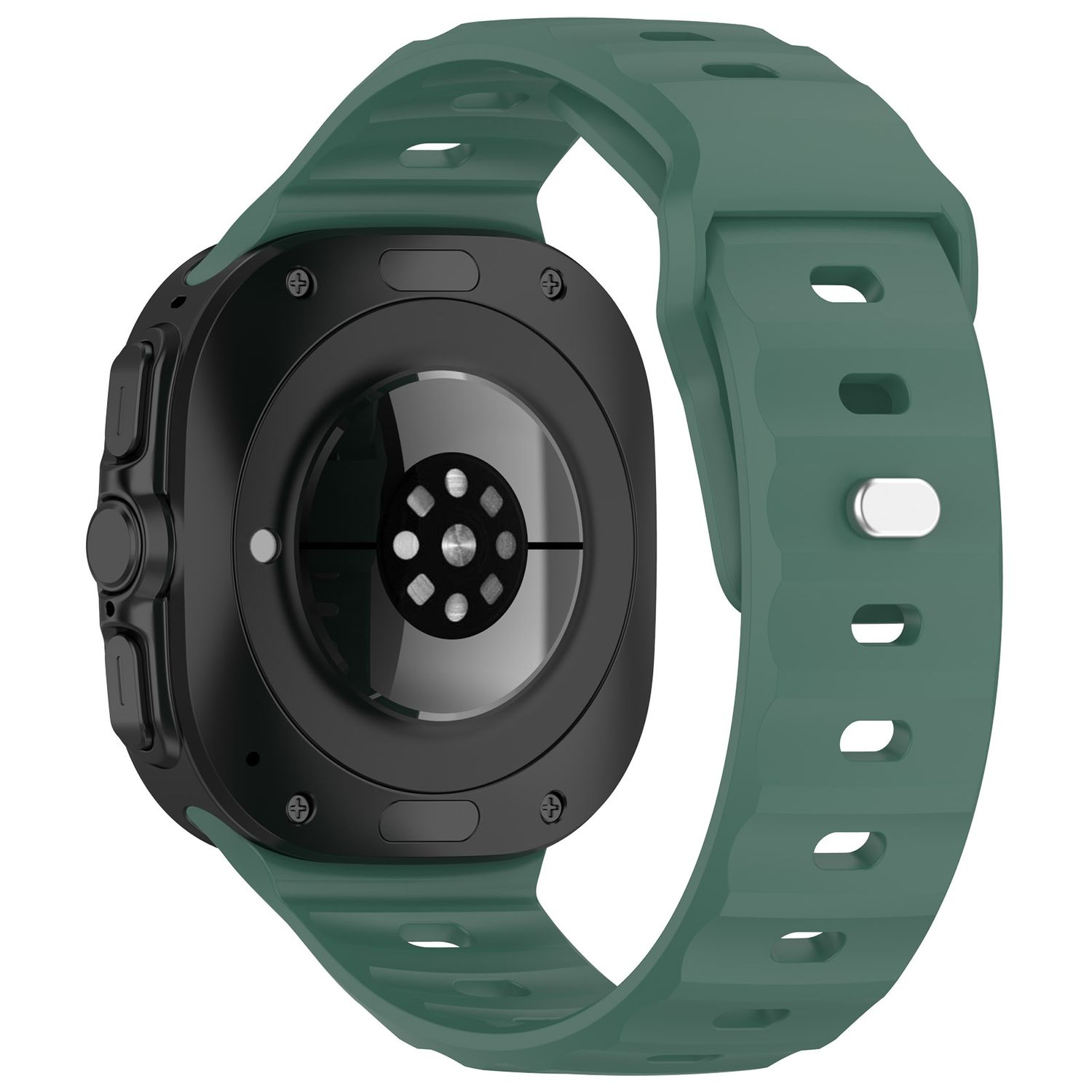 Rückansicht einer Smartwatch mit grünem Armband.