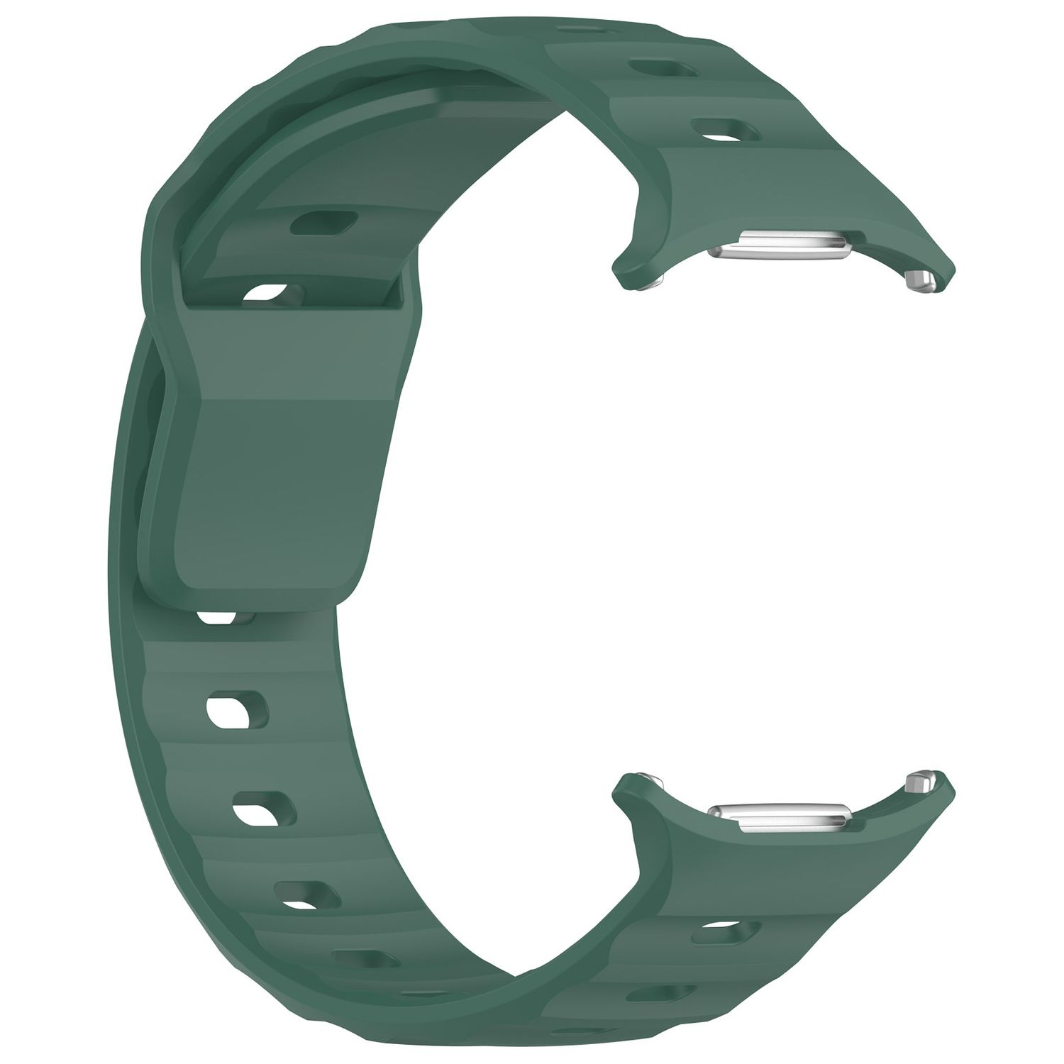 Ein dunkelgrünes Uhrenarmband mit gebogener Form und Löchern, für eine Smartwatch.