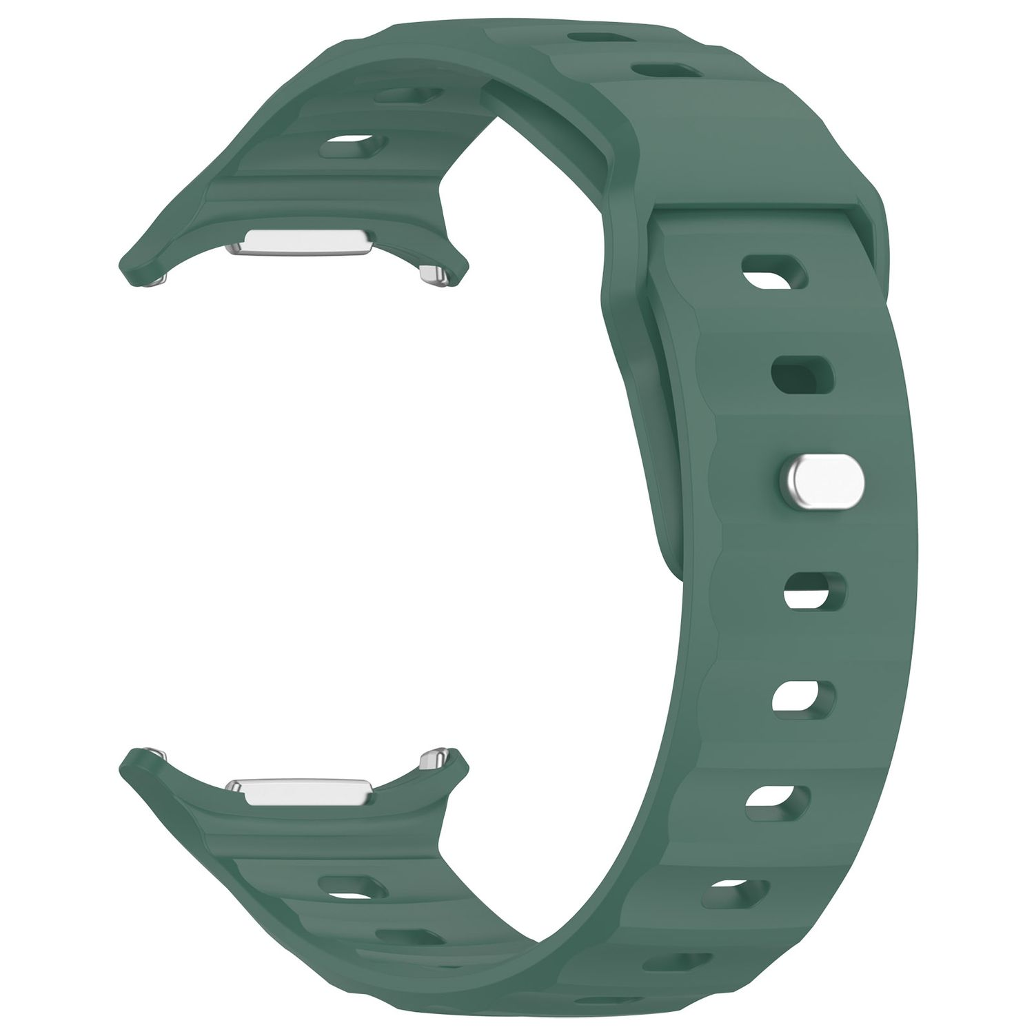 Grünes Uhrenarmband mit silbernen Verschlüssen, mit Löchern und Rippen.