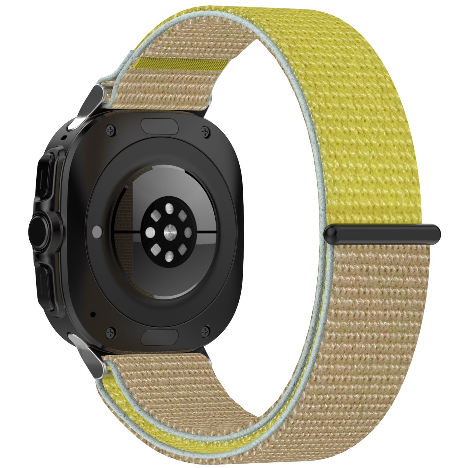 Gelbes Uhrenarmband mit beigefarbener Unterseite, verbunden mit schwarzer Uhr.