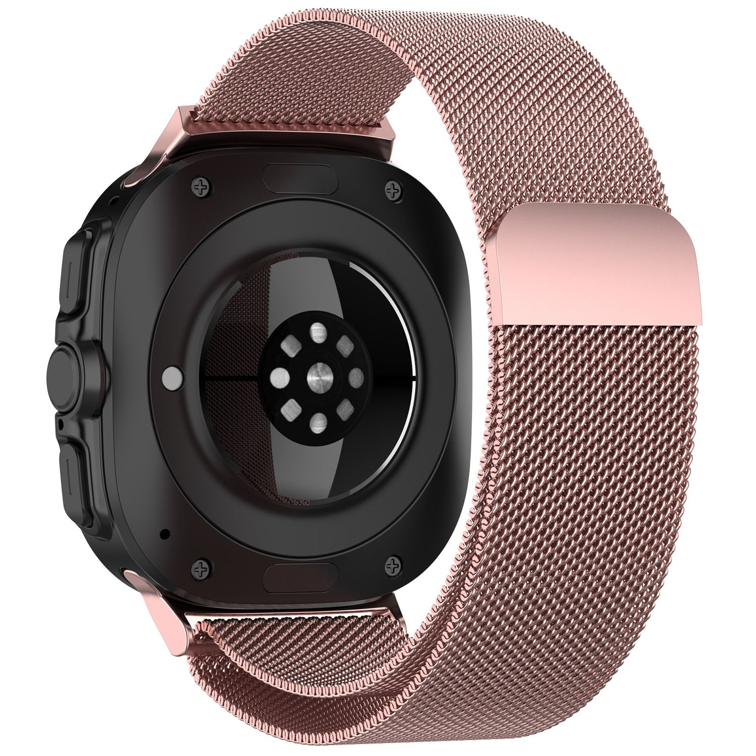 Roségoldene Smartwatch mit schwarzer Rückseite und Mesh-Armband.