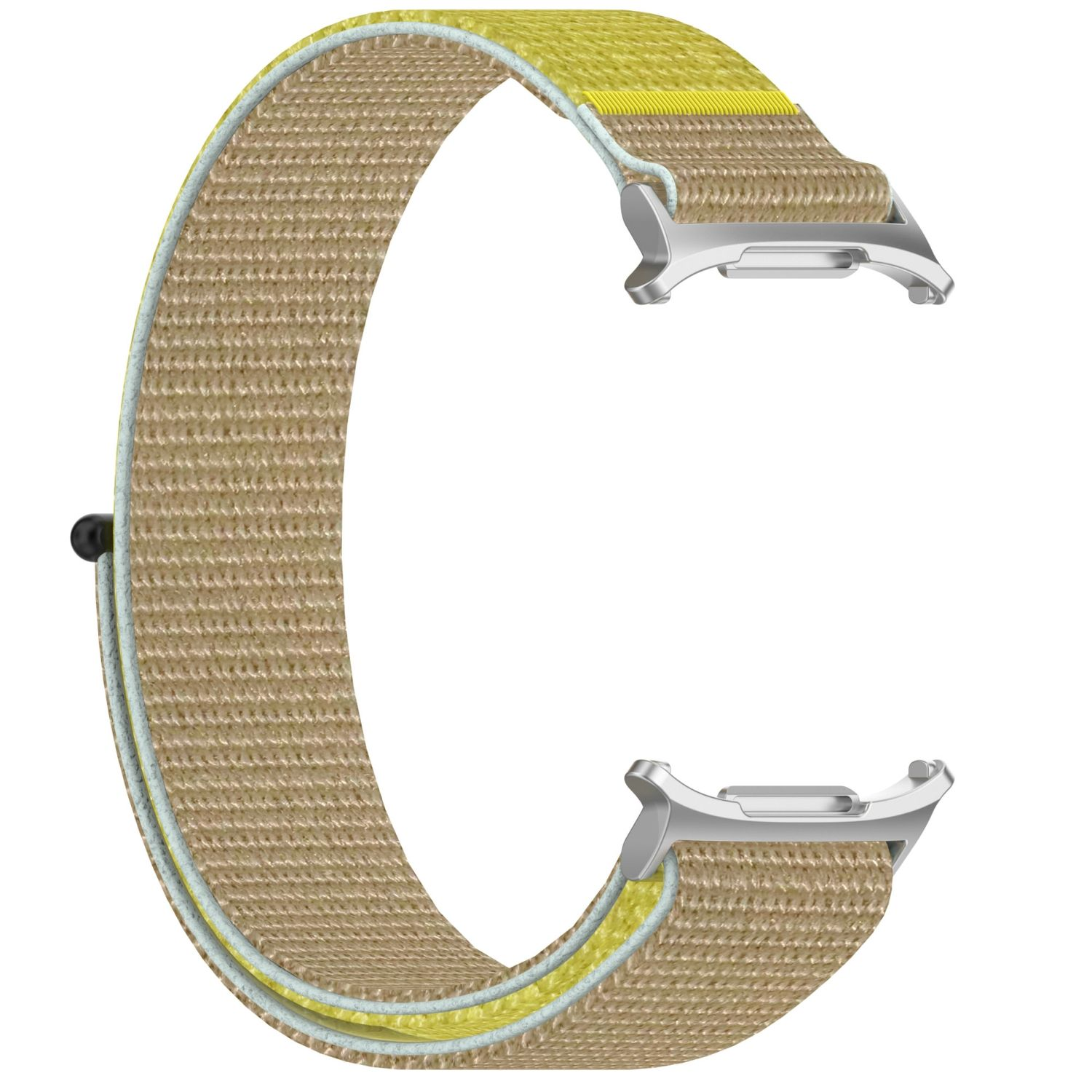 Gelb-beiges Uhrenarmband mit silbernen Metallverschlüssen. Das Armband ist gebogen.