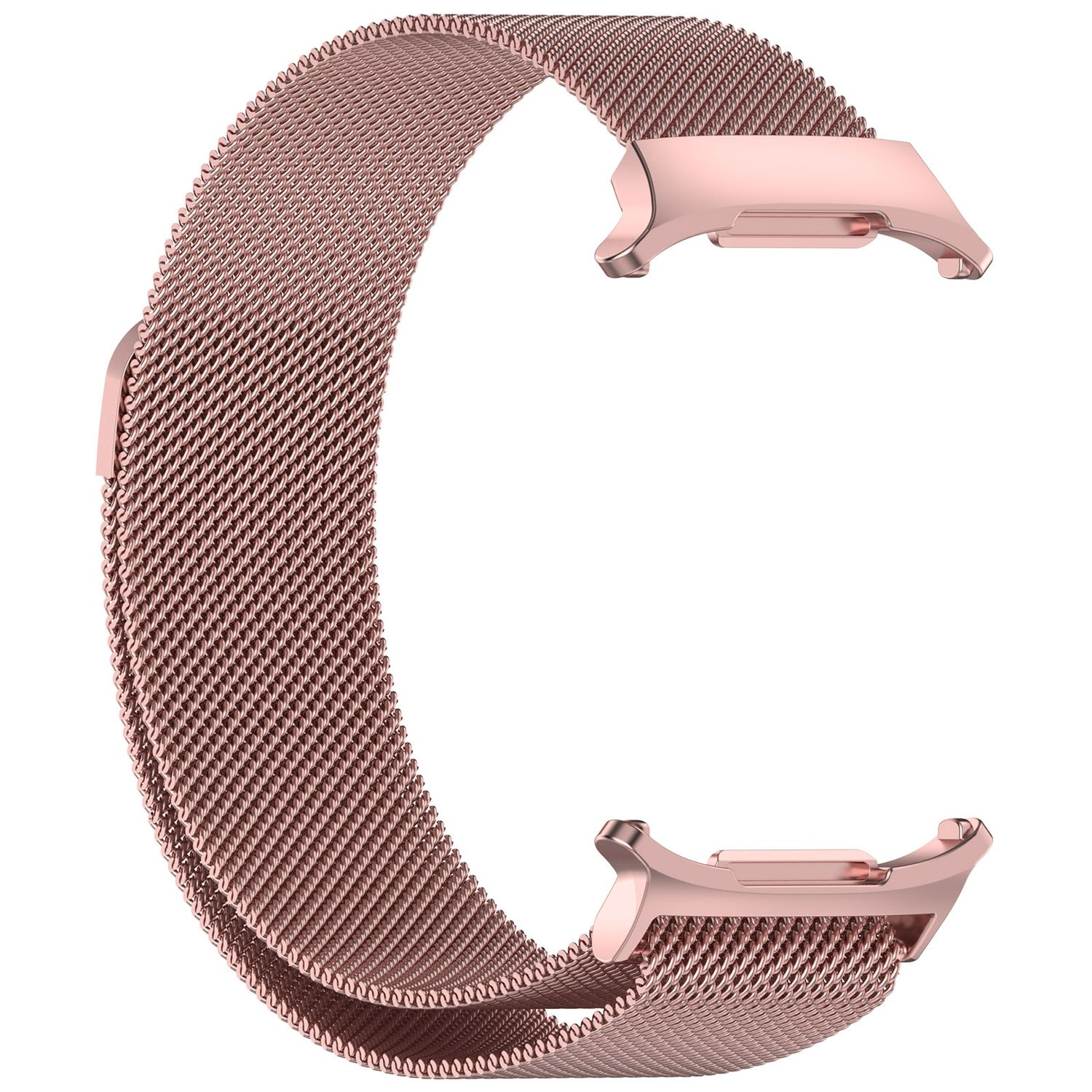 Roségoldenes Mesh-Uhrenarmband. Das Band ist gebogen.