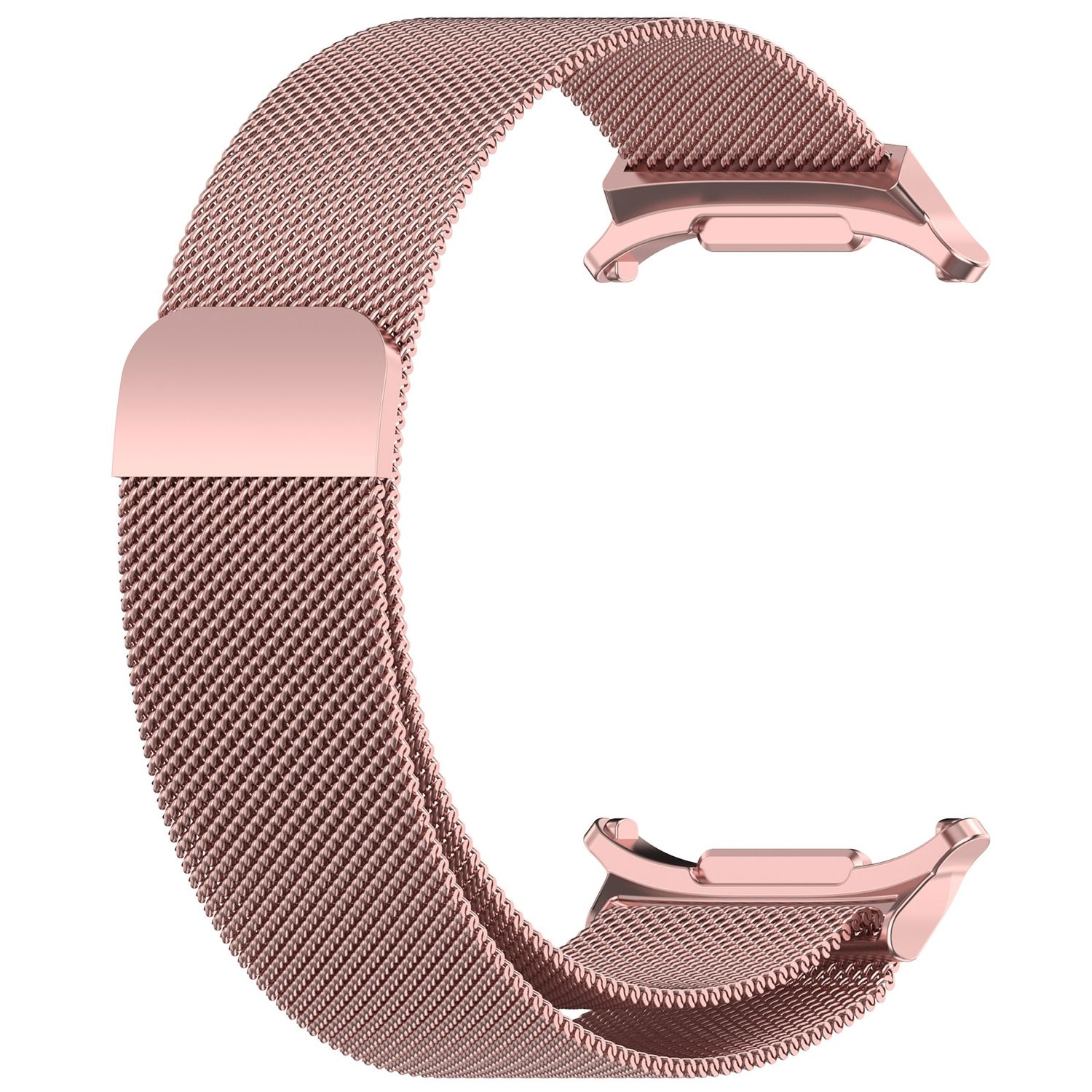 Roségoldfarbenes Uhrenarmband mit Mesh-Design, zeigt Anschlüsse.