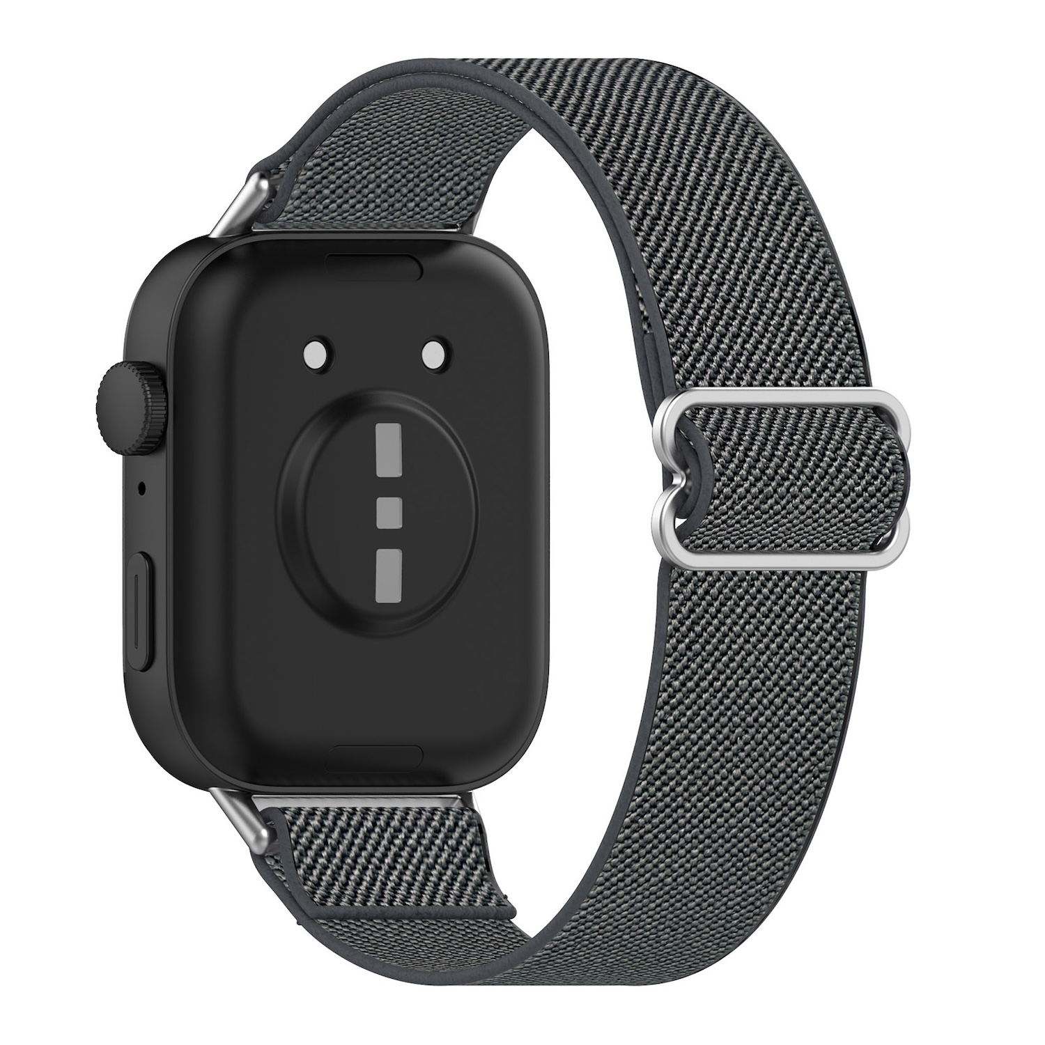 Schwarze Smartwatch mit grauem Stoffarmband und silberner Schnalle. Rückseite sichtbar.