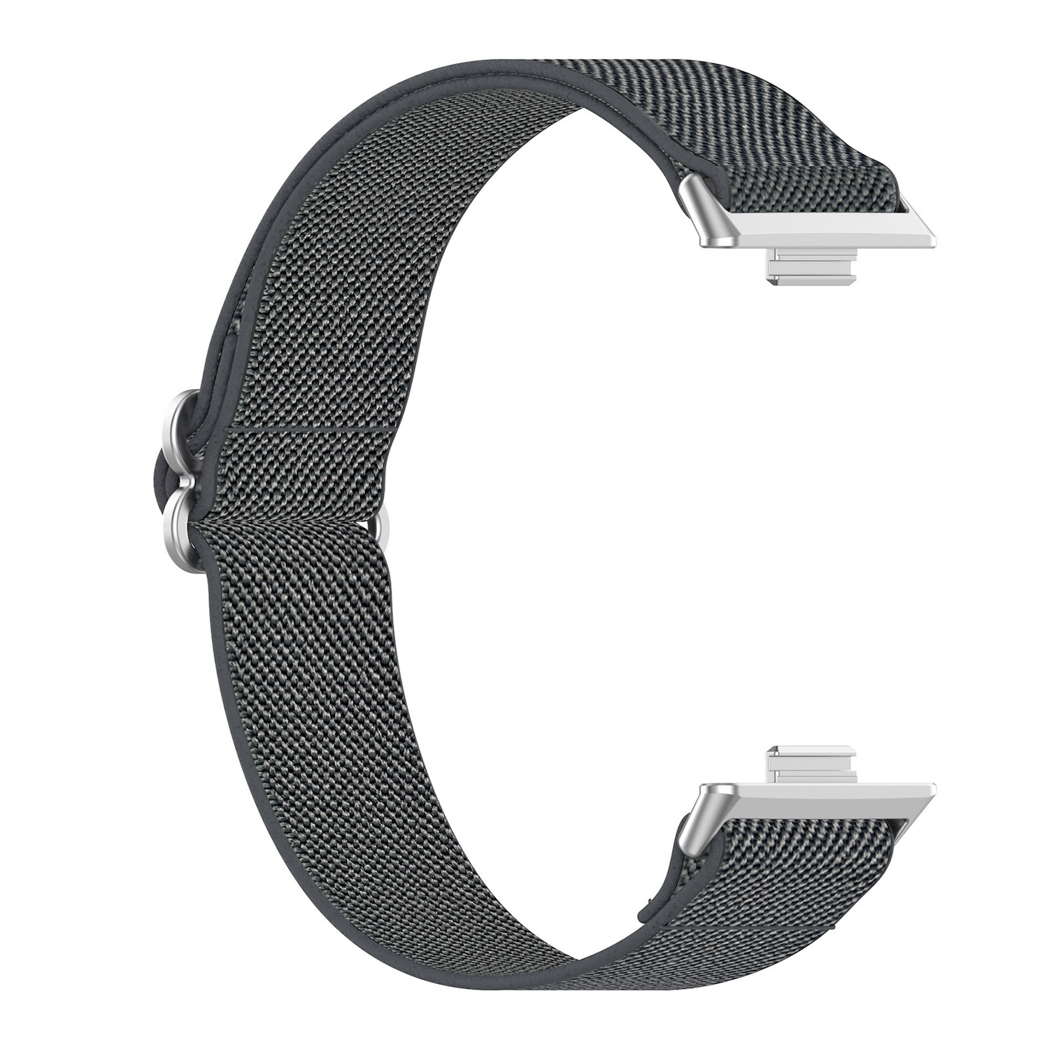 Graues Uhrenarmband, gebogen, mit silberfarbener Metallbefestigung.