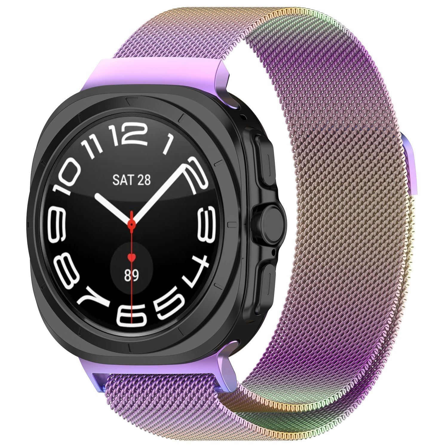 Smartwatch mit lila Armband und einem Regenbogenfarbenen Metallband. Schwarzes Zifferblatt.