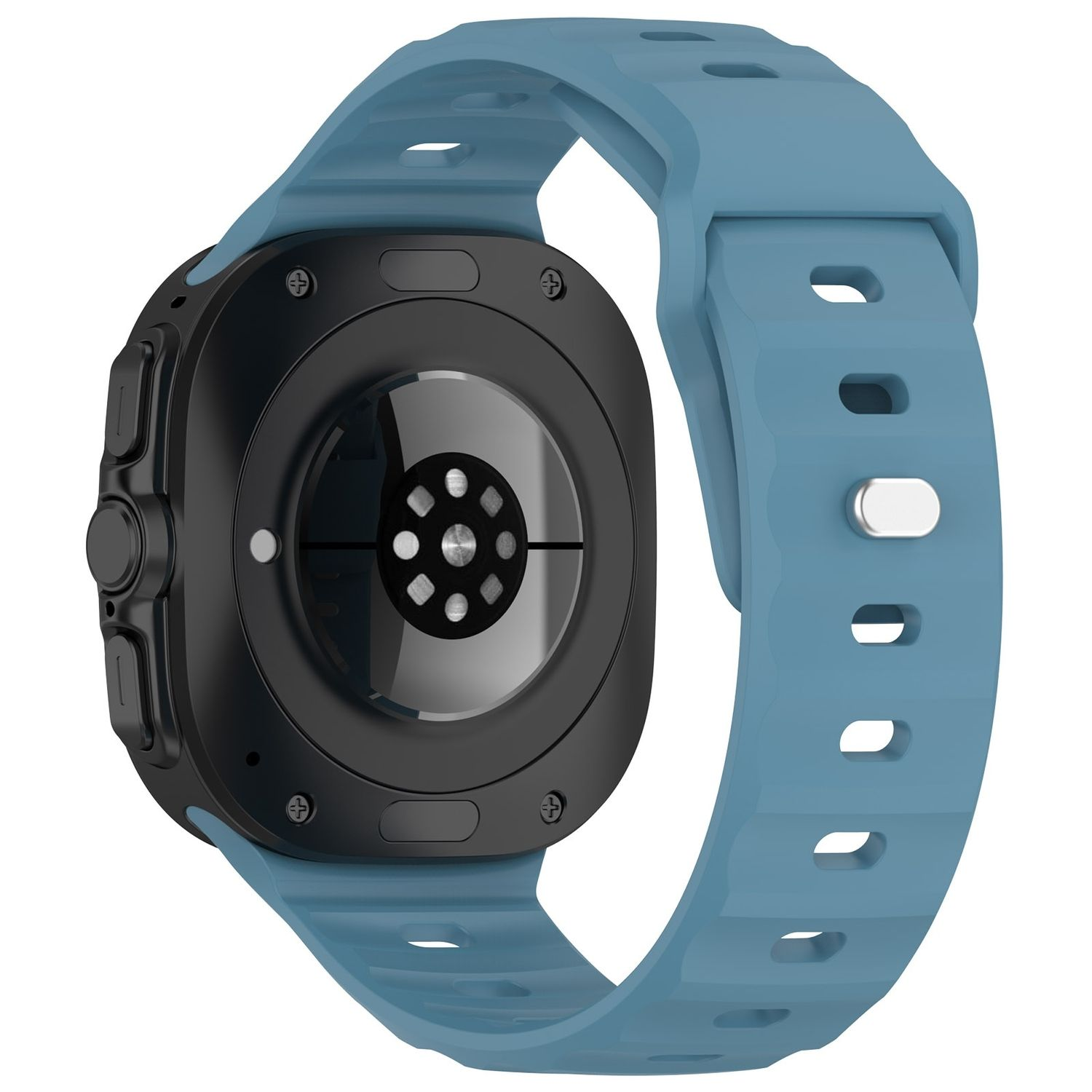 Smartwatch, Rückansicht, blaues Armband mit Sensor. Schwarzes Gehäuse.