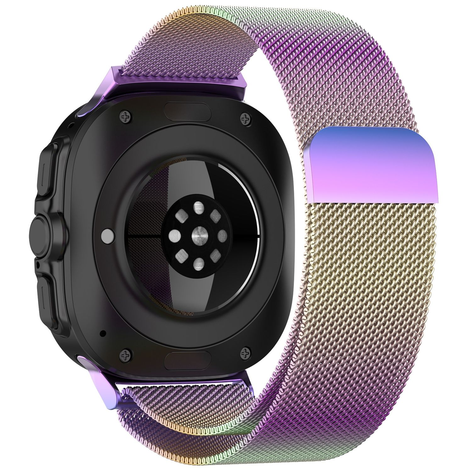 Schwarze Smartwatch mit buntem Metallband. Rückseite der Uhr sichtbar.