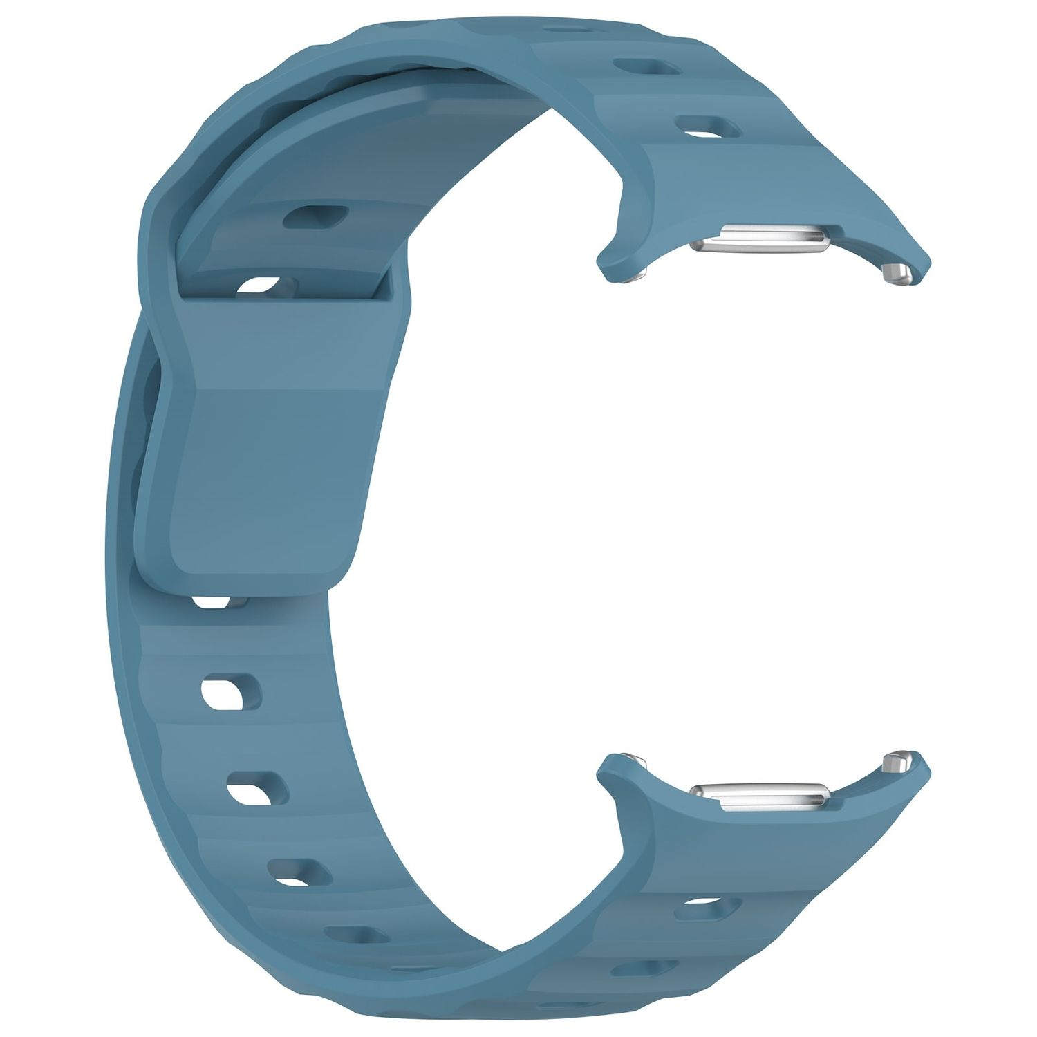 Hellblaues Smartwatch-Armband. Es hat Löcher und eine Schnalle.