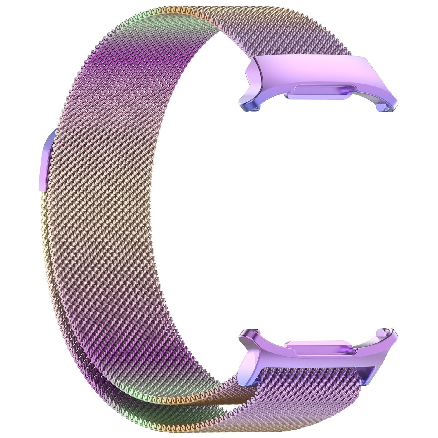 Ein farbenfrohes Uhrenarmband mit Mesh-Design. Es ist schillernd in Lila- und Goldtönen.
