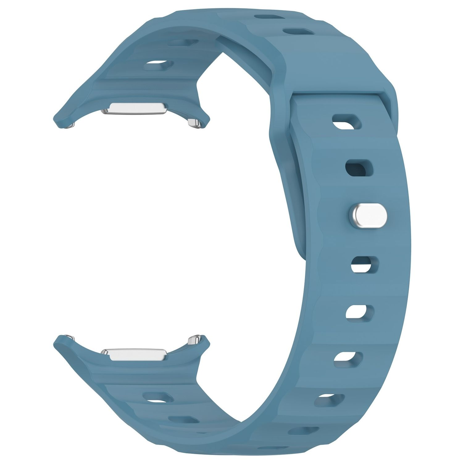 Blaues Uhrenarmband. Es hat eine gebogene Form, mehrere Löcher und silberne Metallverbinder.