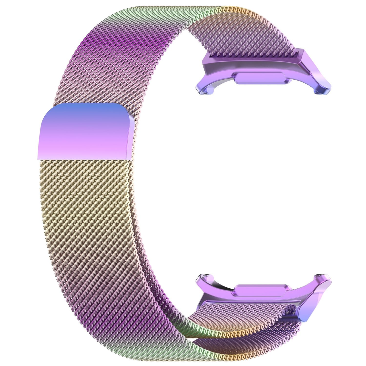 Mehrfarbiges Mesh-Armband mit lila Akzenten und Verschlüssen. Das Armband ist C-förmig gebogen.
