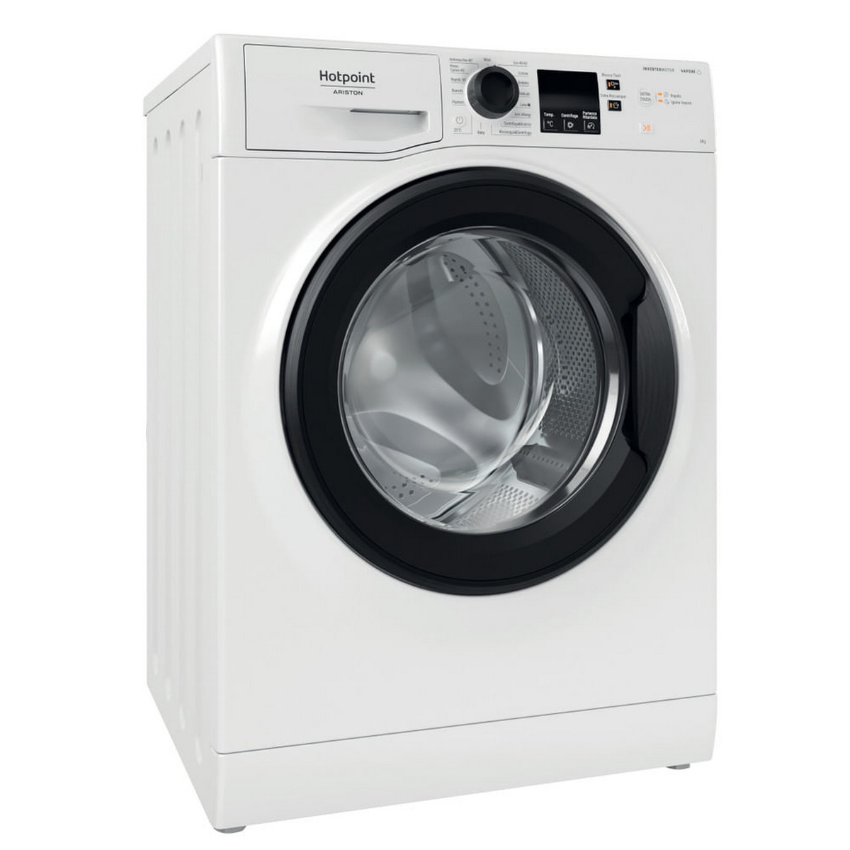 Lavatrice Hotpoint bianca. Porta e comandi neri, corpo bianco. Vista angolata su sfondo bianco.