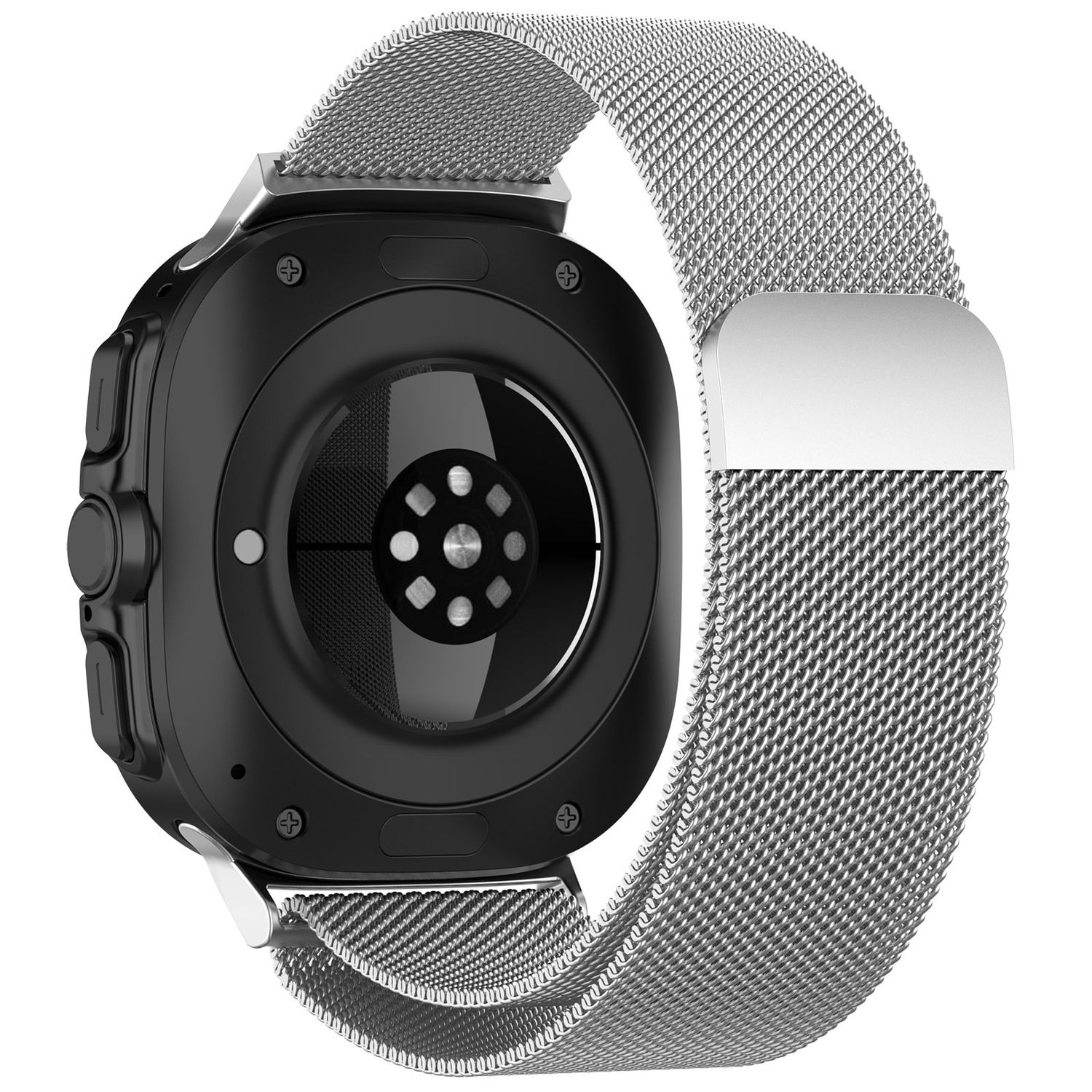 Rückseite einer schwarzen Smartwatch mit silbernem Mesh-Armband. Sensoren sind auf der Uhr sichtbar.