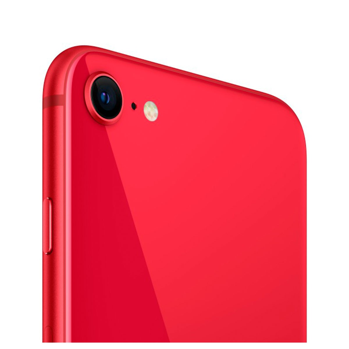 Zbliżenie czerwonego iPhone'a SE, pokazujące aparat i moduł lampy błyskowej z tyłu.