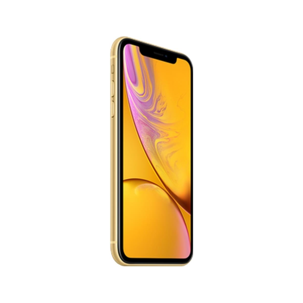 Een gouden iPhone XR in zijaanzicht, met een kleurrijke achtergrond.