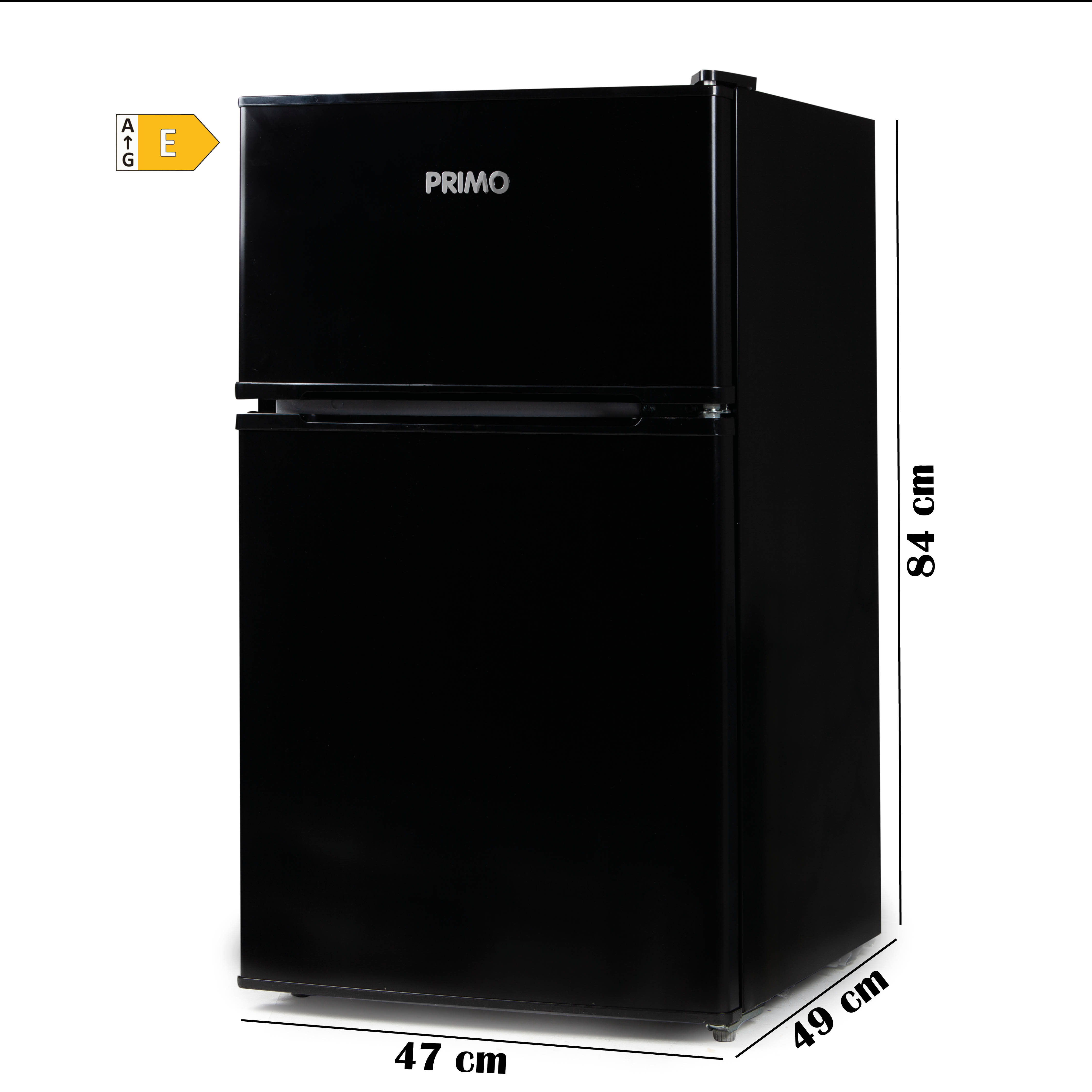 Black refrigerator with dimensions and energy efficiency label.