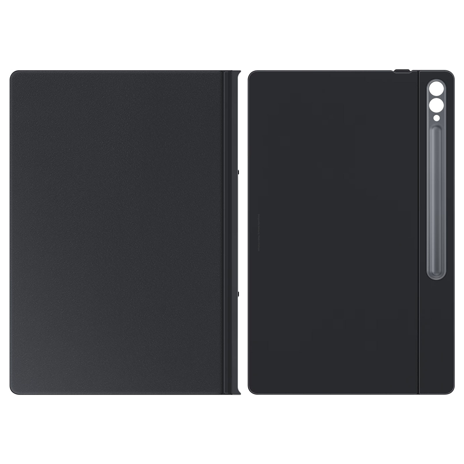 Funda negra para tableta, cerrada y abierta, con soporte para lápiz. Muestra la parte delantera y trasera.