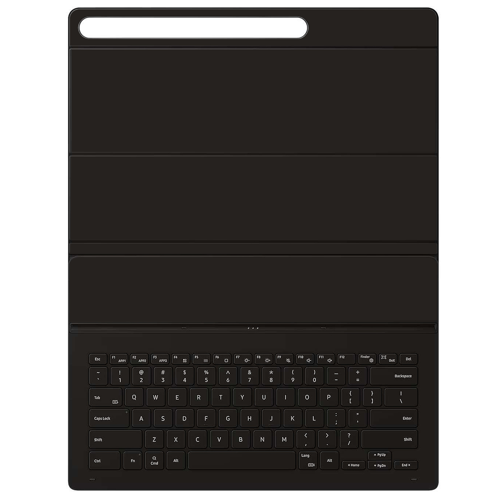 Ein offenes schwarzes Tastaturgehäuse, das die Tasten und das Innere zeigt.