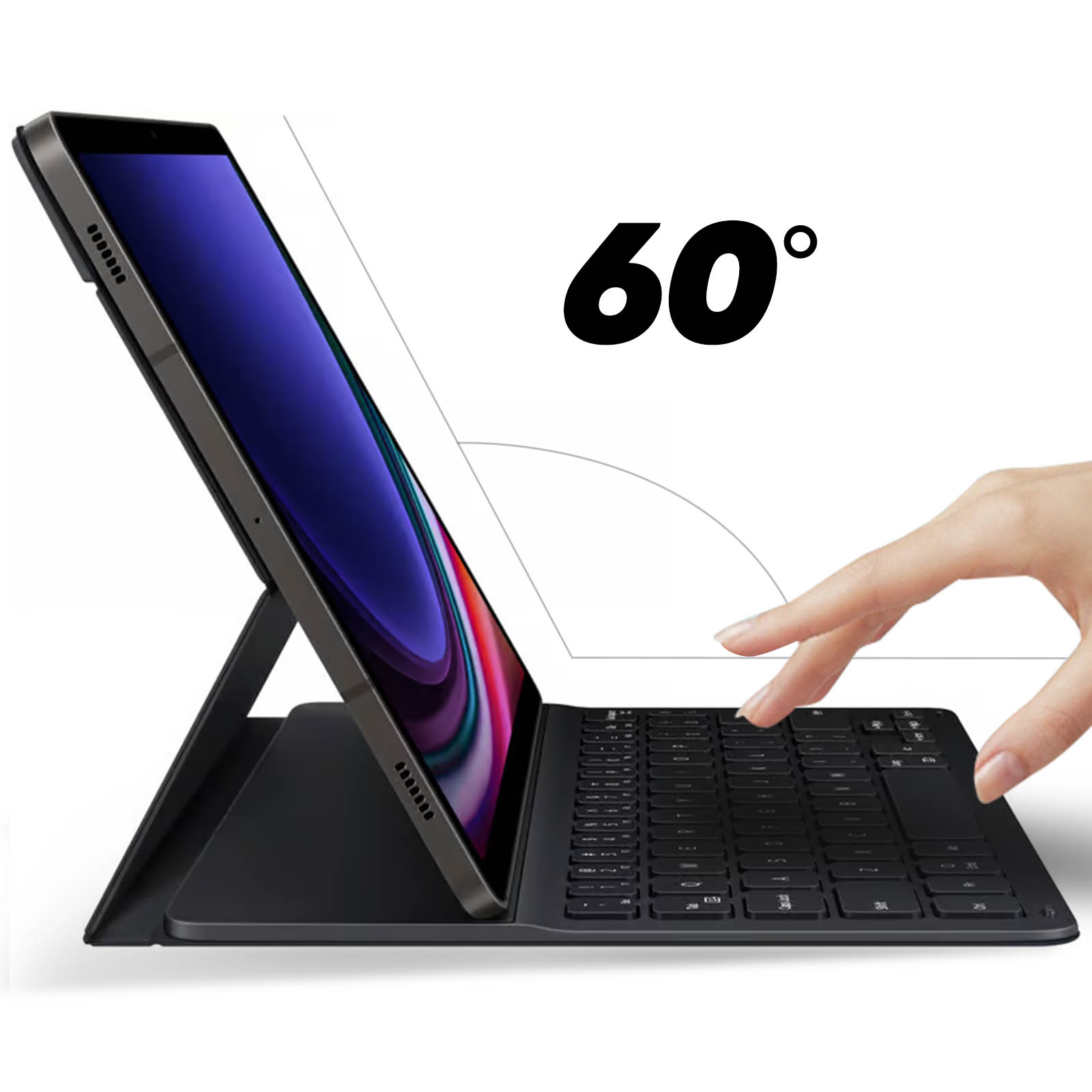 Ein schwarzes Tablet mit Tastatur ist geöffnet und zeigt einen Bildschirm mit 60 Grad Winkel.