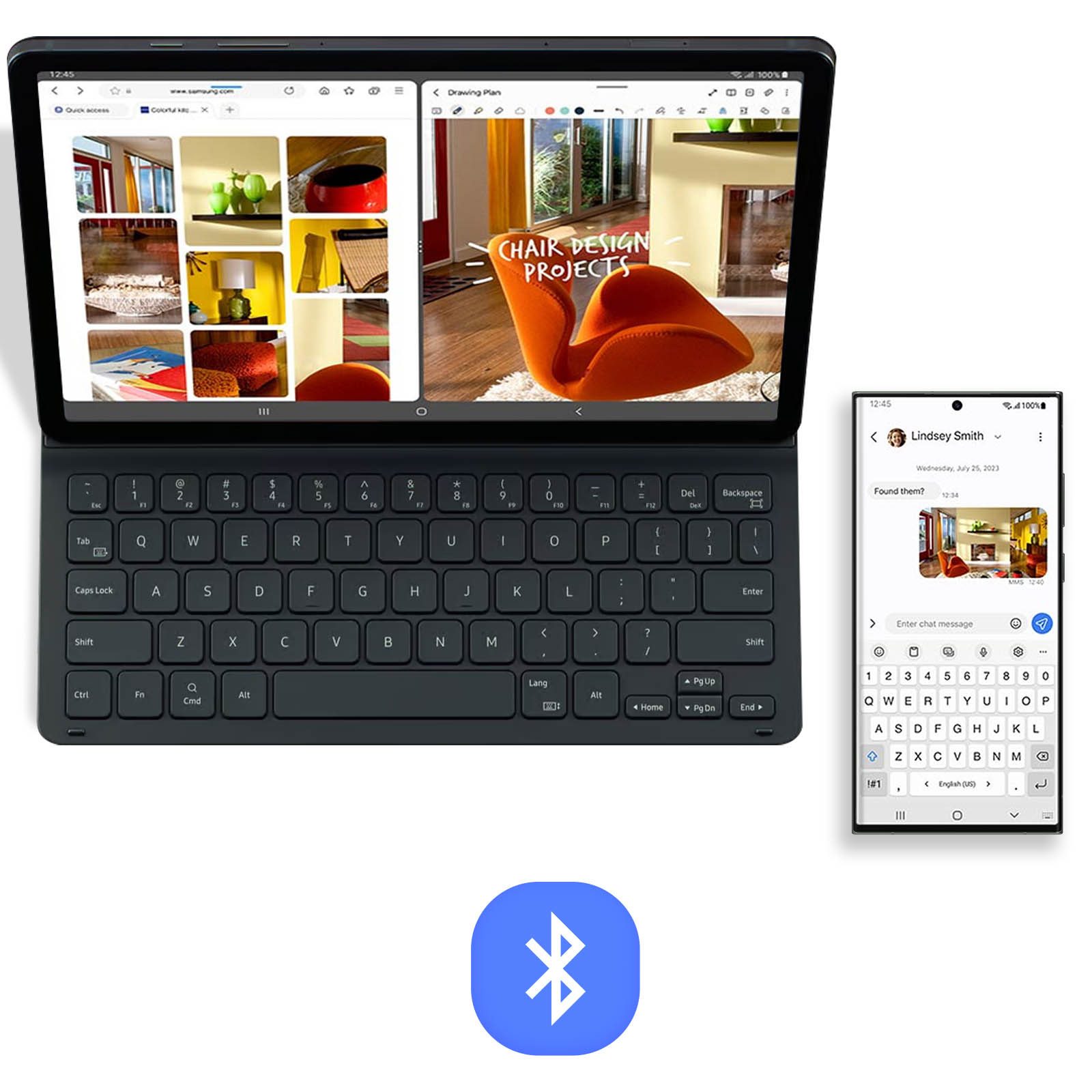 Tablet mit Tastatur, die Websites anzeigt, und ein Telefon, das eine Chat-Oberfläche zeigt.