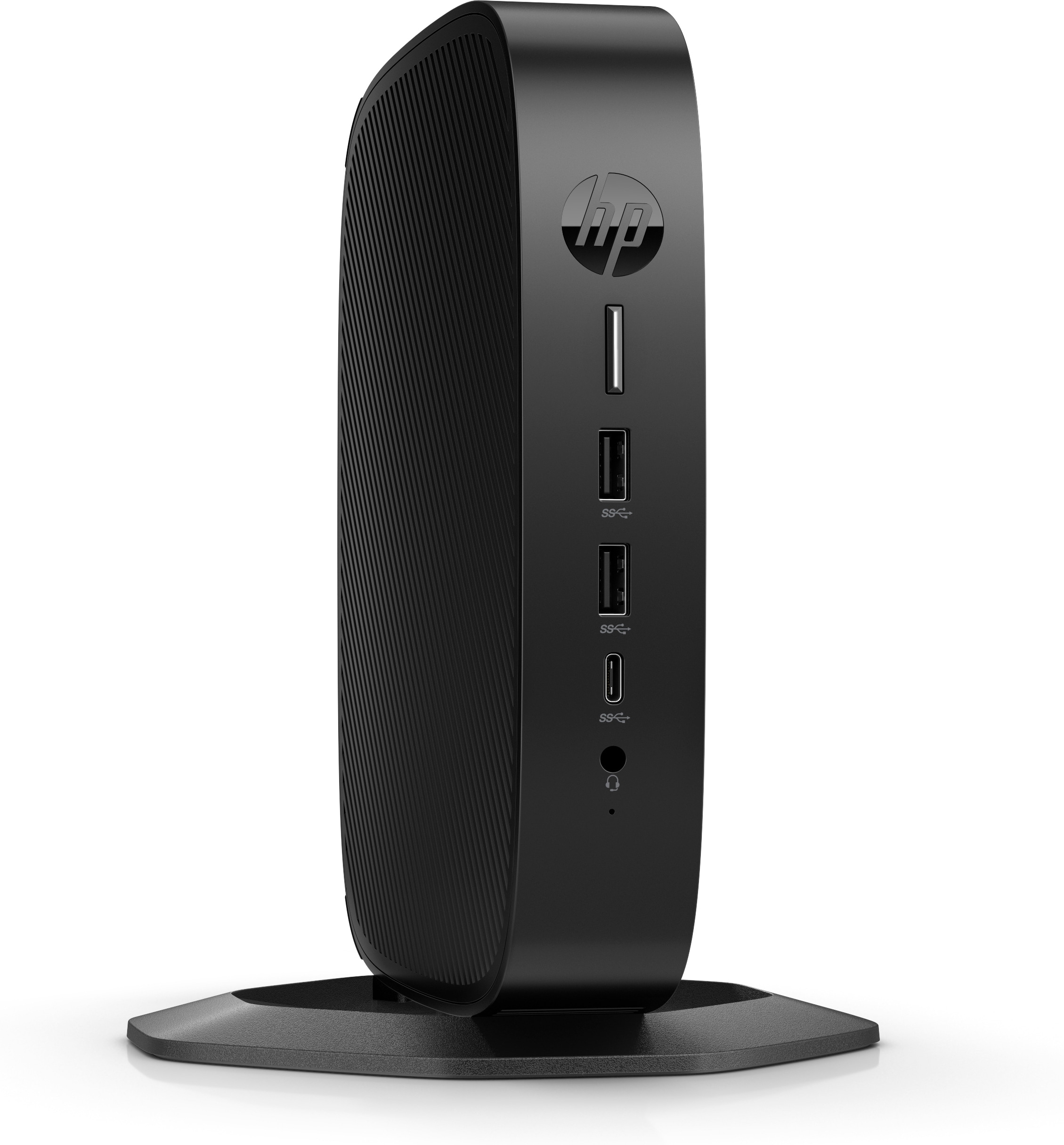 Schwarzer Mini-Computer mit Anschlüssen und HP-Logo.