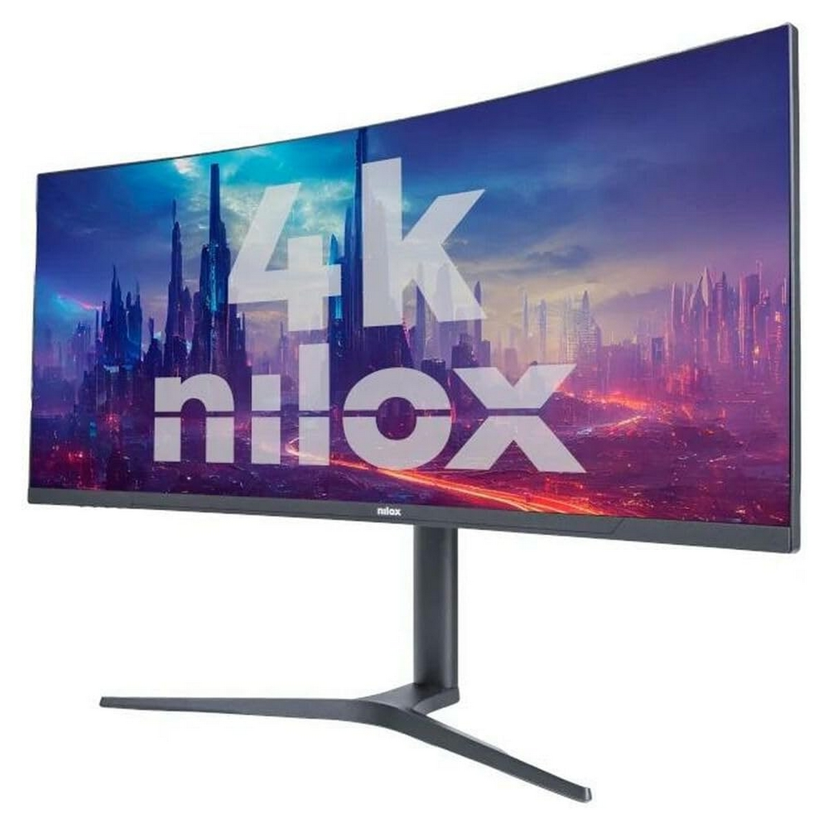 Zakrzywiony monitor z wyświetlaczem 4k nilox, czarny stojak. Tło krajobrazu miejskiego.