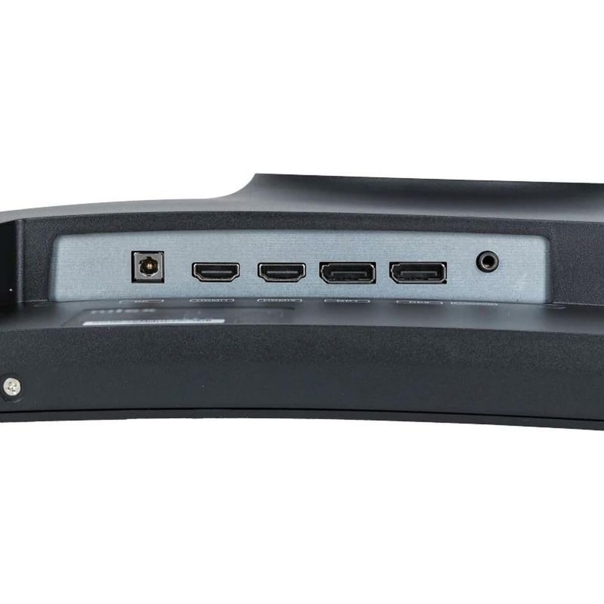 Widok z tyłu zakrzywionego monitora z wieloma portami wejściowymi, w tym HDMI i złączem zasilania.